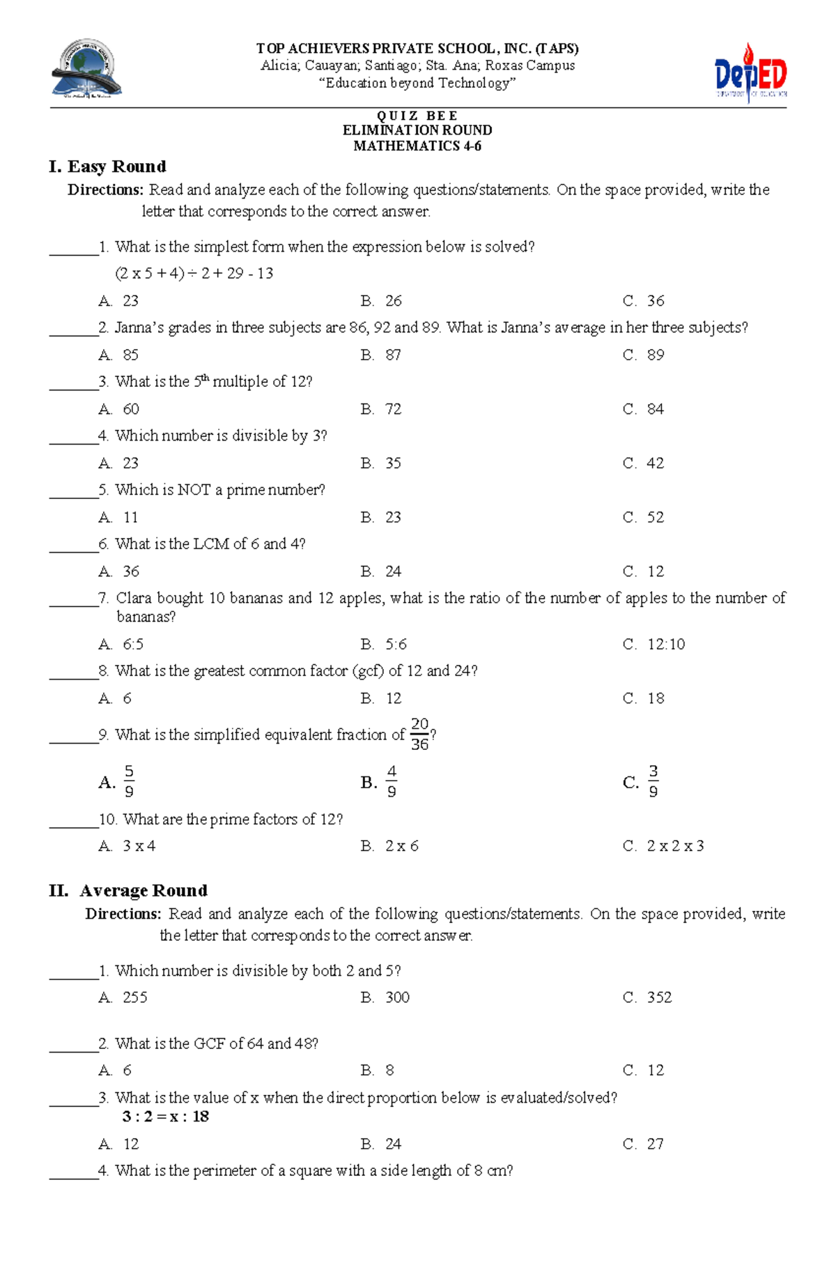 Mathematics-4-6 - TOP ACHIEVERS PRIVATE SCHOOL, INC. (TAPS) Alicia ...