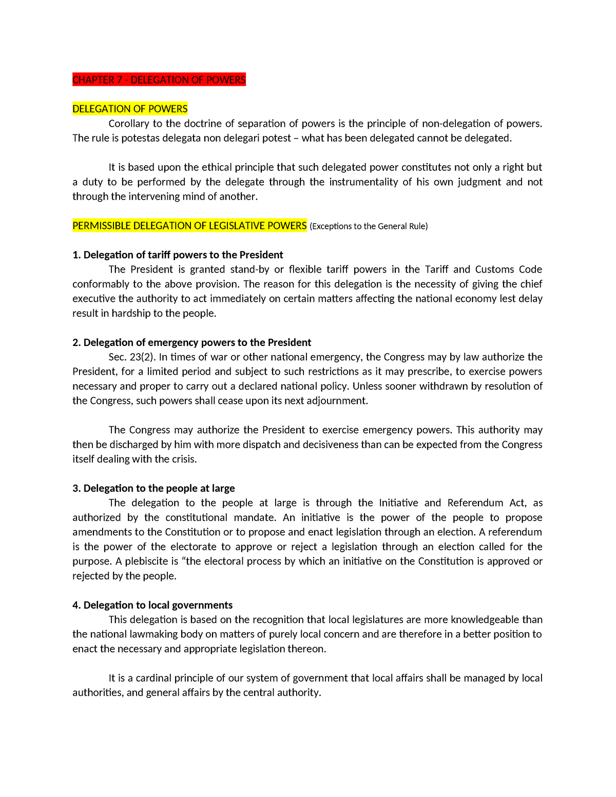 Midterms Notes in Consti 1 - CHAPTER 7 - DELEGATION OF POWERS ...