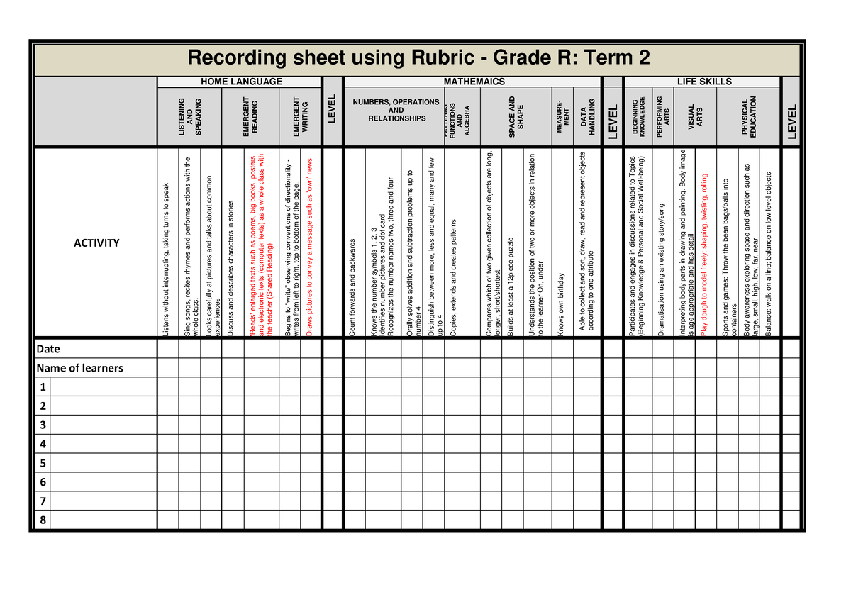 Term 2 Record Sheets Using Rubrics Recording Sheet Using Rubric Grade R Term 2 Home