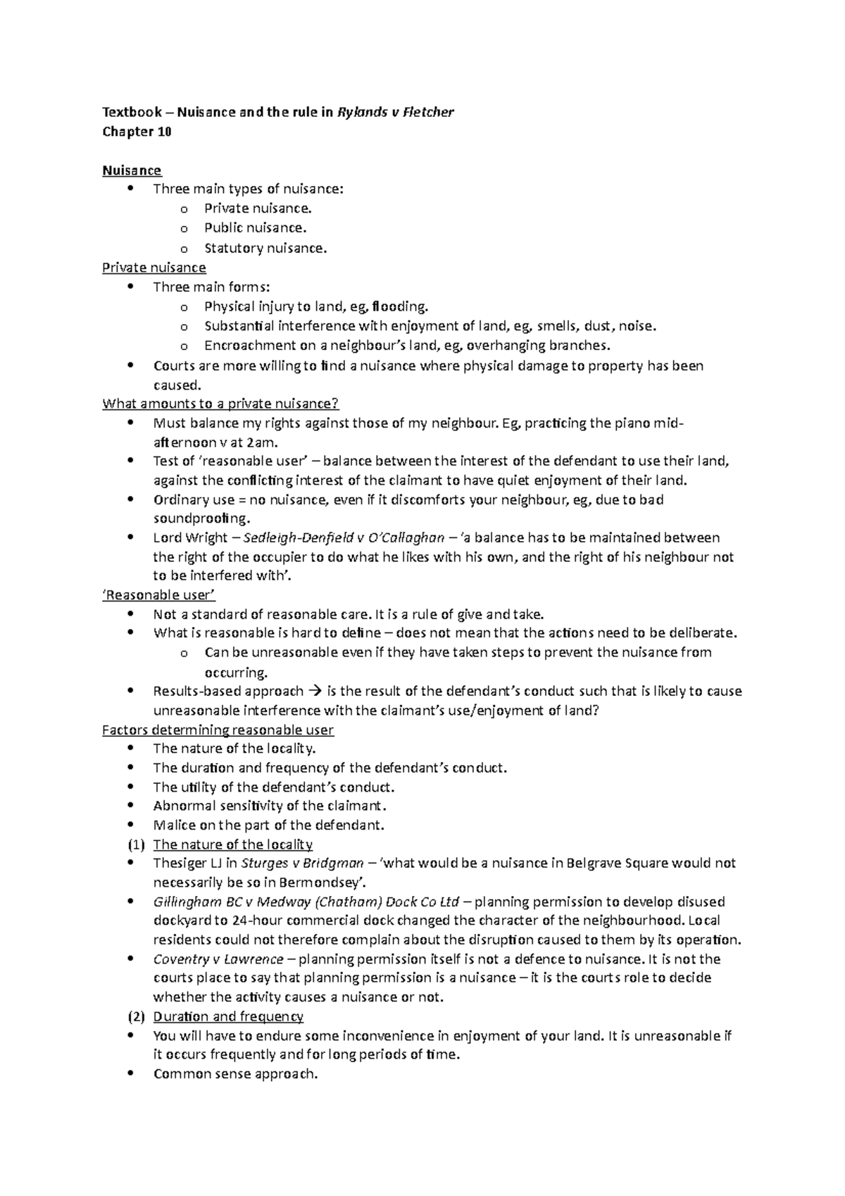 Textbook notes - nuisance and the rule in rylands v fletcher - Textbook ...