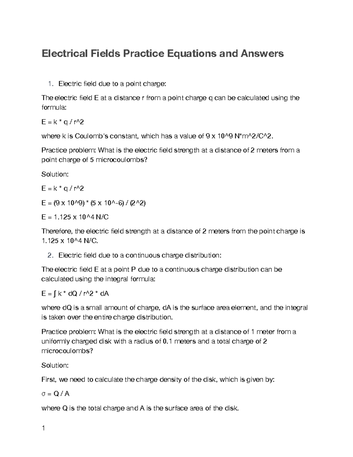 Electrical Fields Practice Equations And Answers - Practice Problem ...