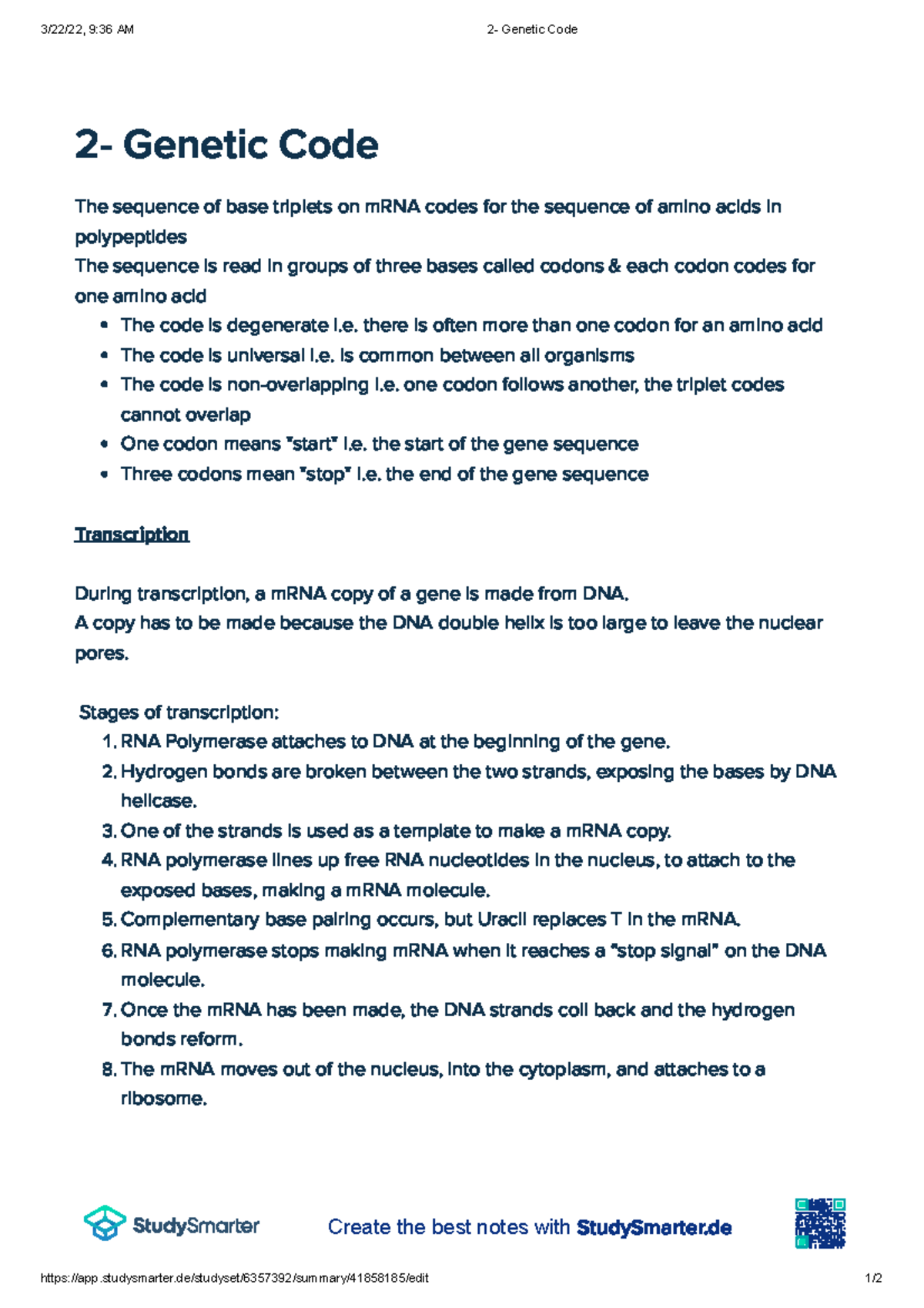 2- Genetic Code - notes - 3/22/22, 9:36 AM 2- Genetic Code - Studocu
