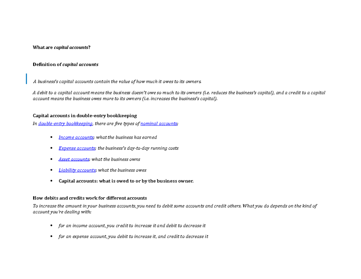 Accounts accounting priciples What are capital accounts****? Definition of capital accounts