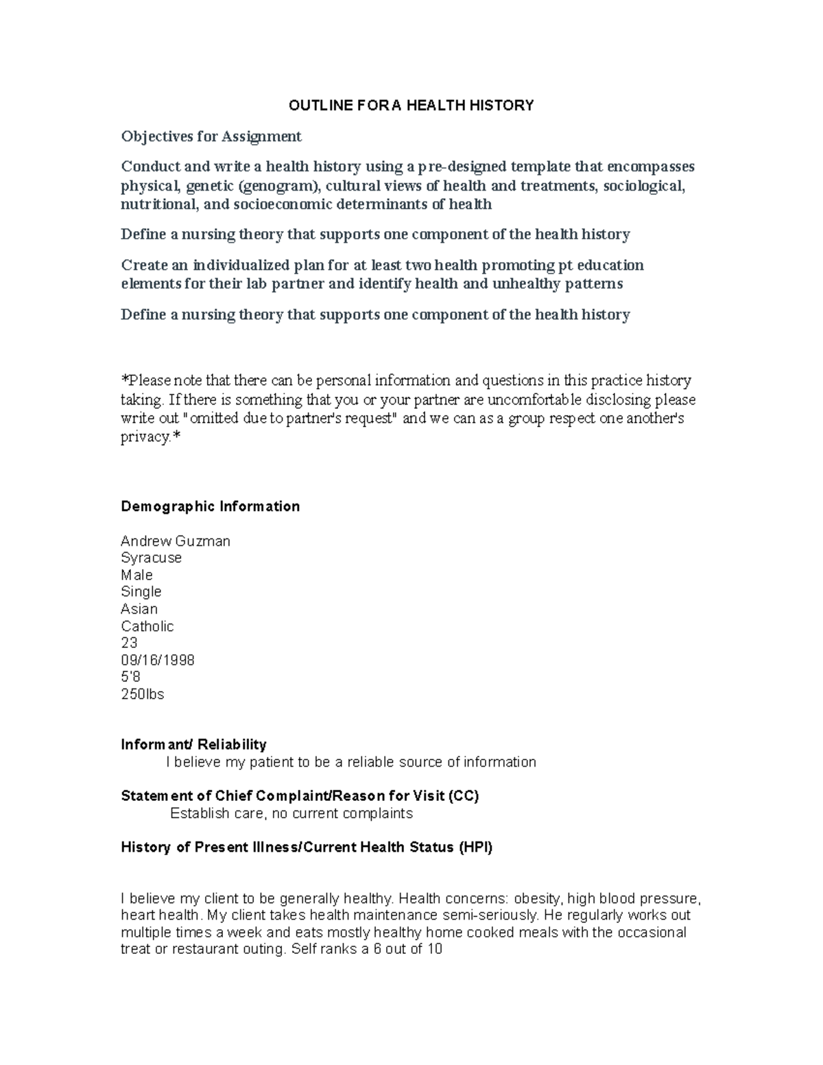 Outline FOR A Health History S OUTLINE FOR A HEALTH HISTORY