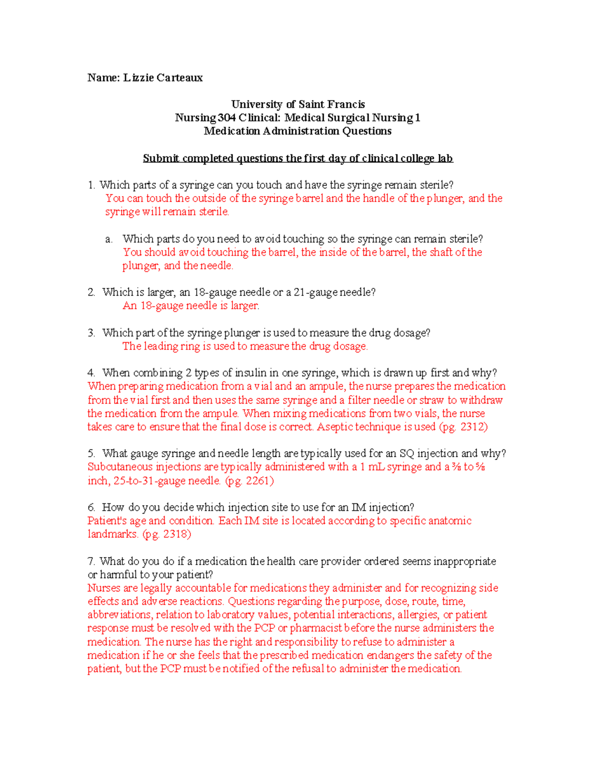 Medication Administration Questions Name Lizzie Carteaux University