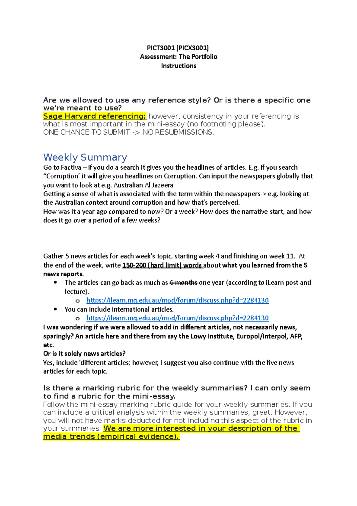 Pict3001 portfolio notes - PICT3001 (PICX3001) Assessment: The ...