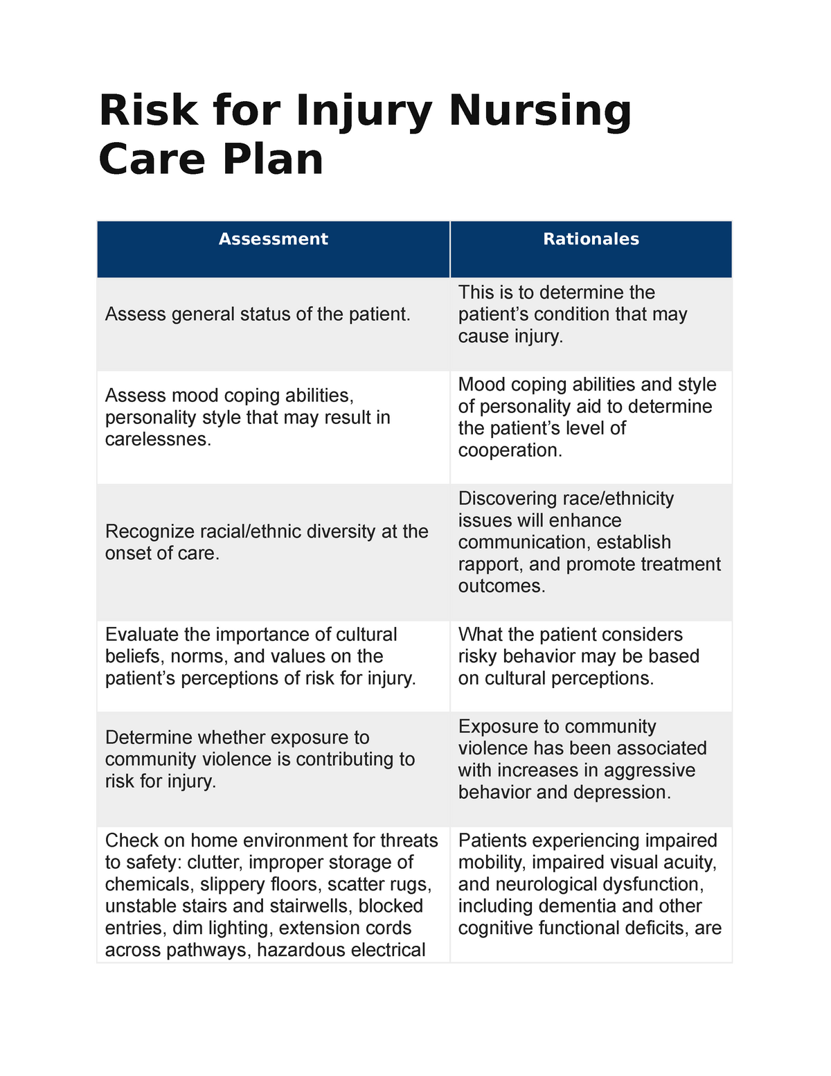 Nursing Care Plan Risk Injury Care Plan Final Plan Assessment