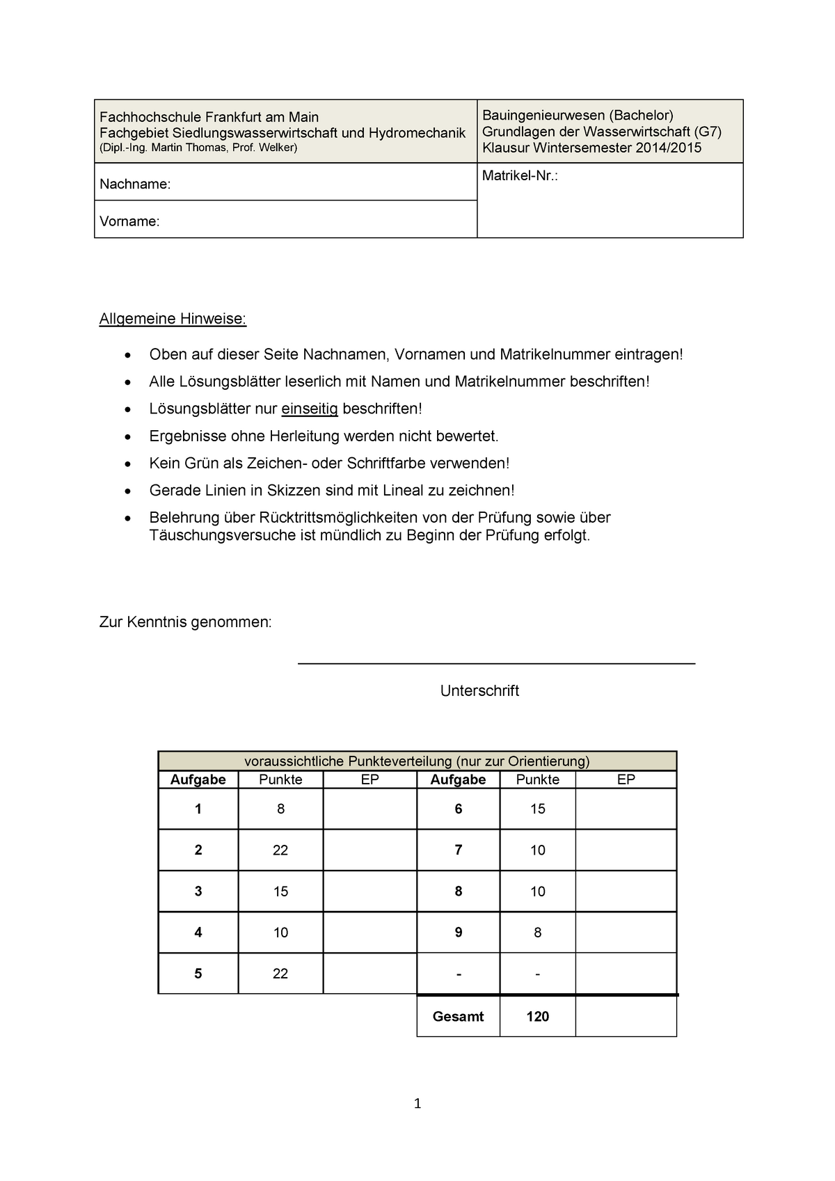 Klausur Wintersemester 2014/2015, Fragen - Fachhochschule Frankfurt Am ...