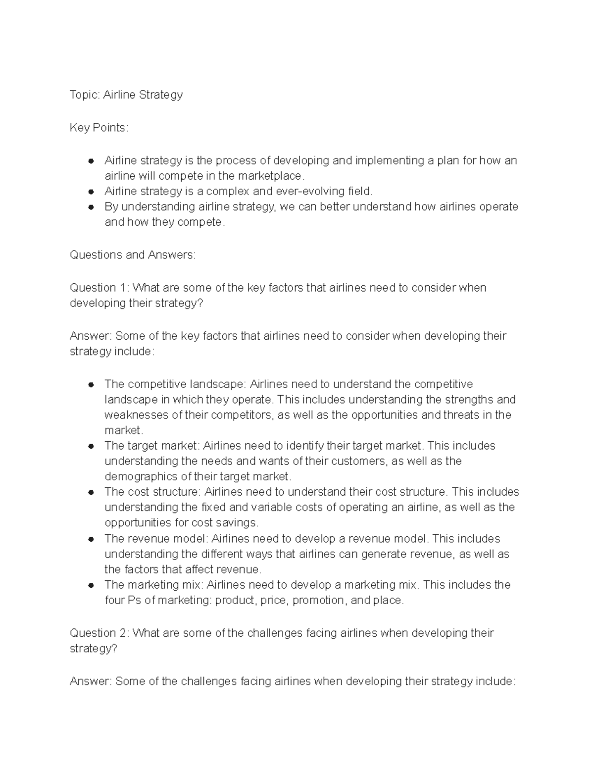 Lecture note for Economy 471, Lecture #10 - Topic: Airline Strategy Key ...
