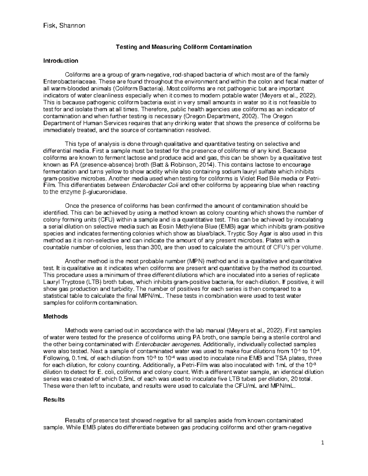 Microbiology Coliform lab report - Testing and Measuring Coliform ...