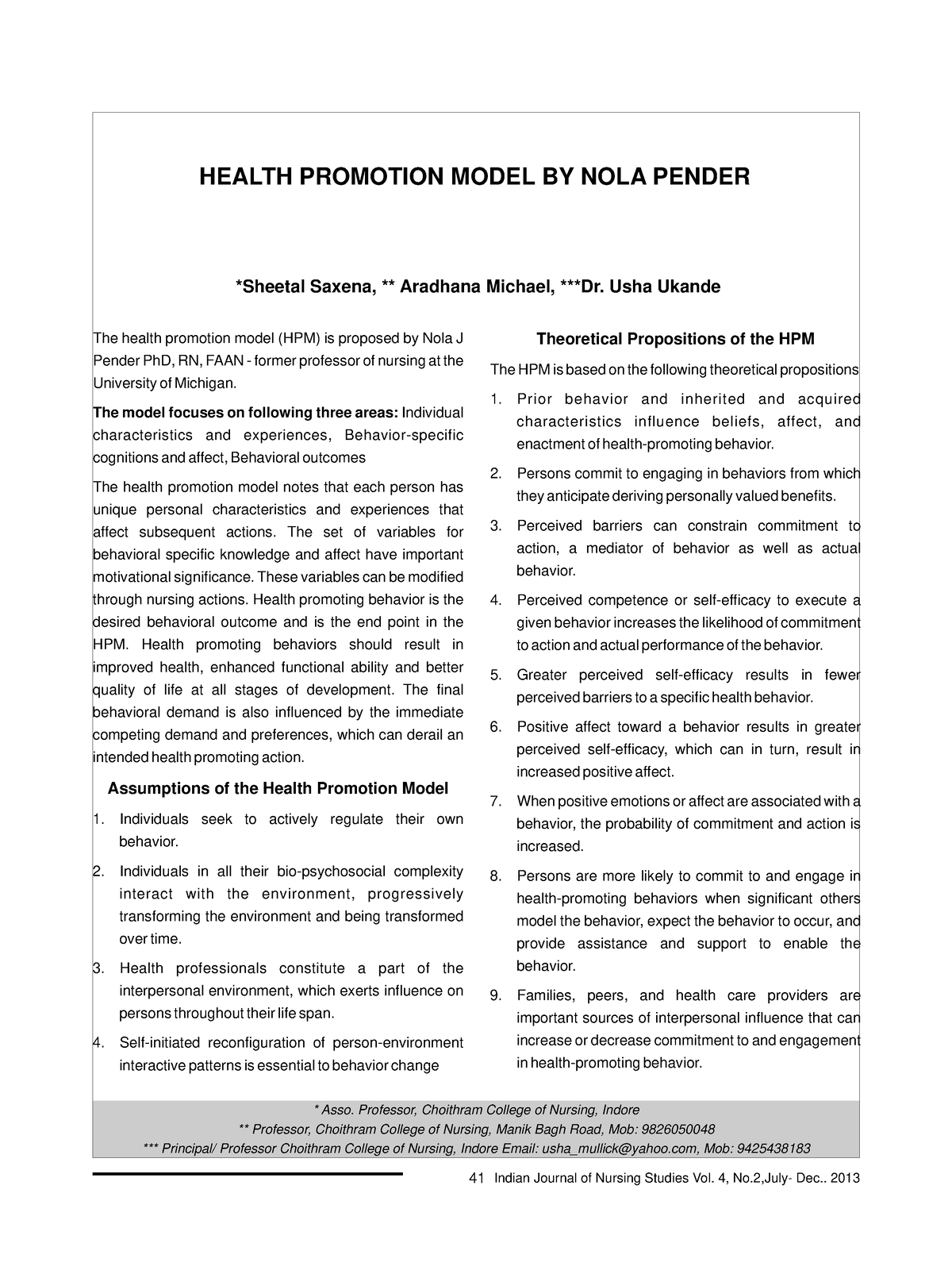 Health Promotion Model BY NOLA Pender Th - *Sheetal Saxena, ** Aradhana ...