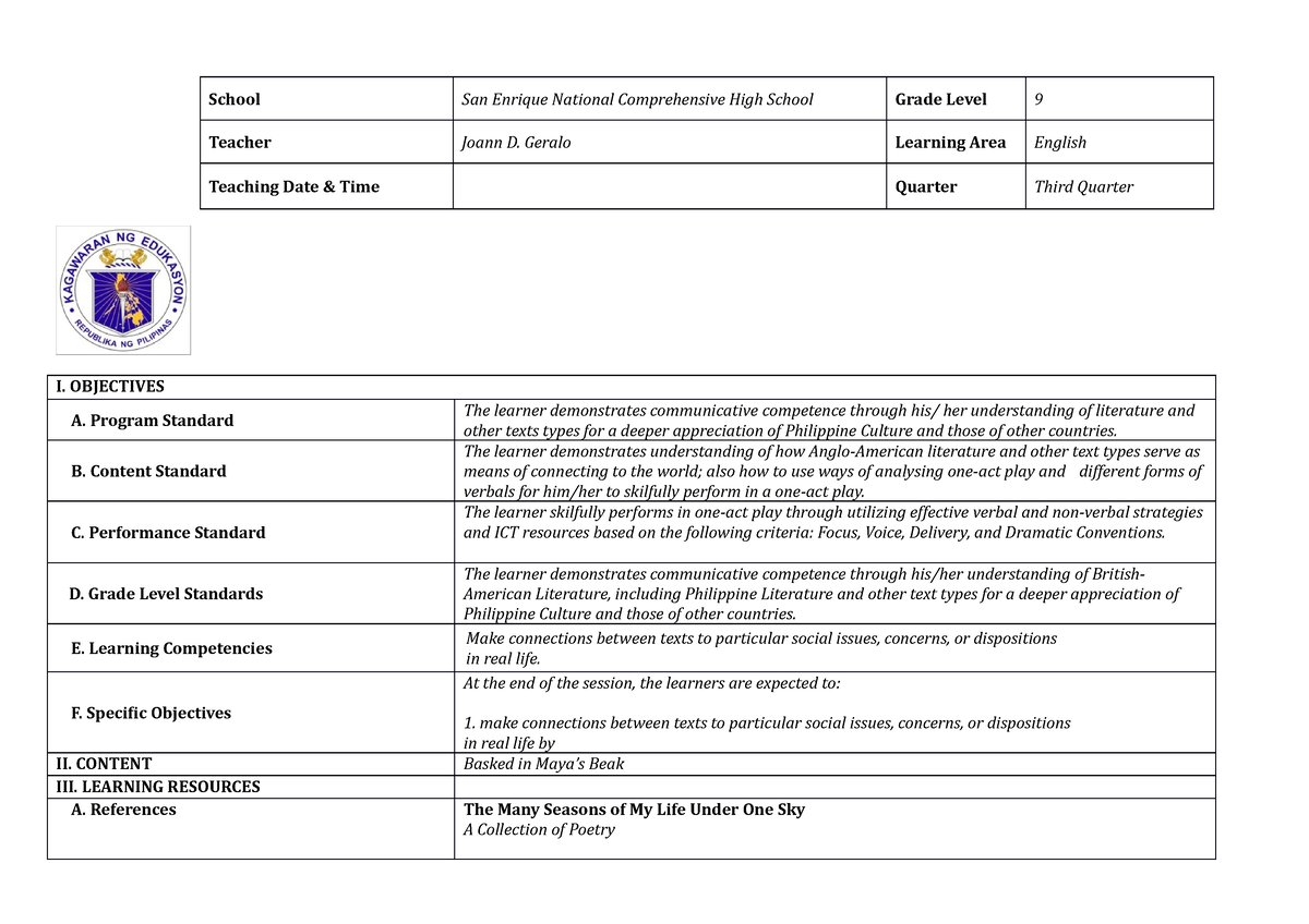 Basked in Mayas Beak Lesson Plan Exemplar - I. OBJECTIVES A. Program ...