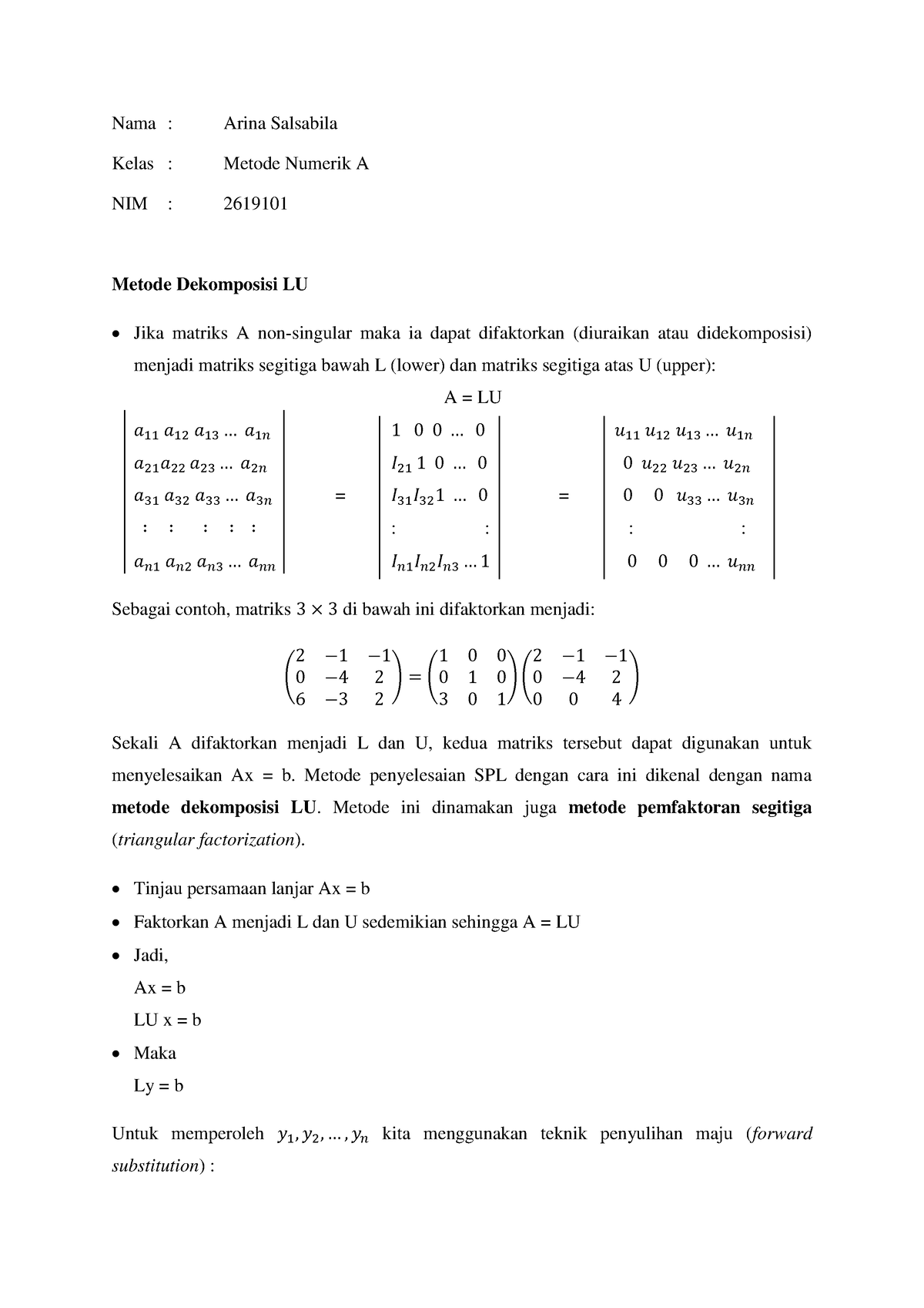 Metode Dekomposisi LU - Nama : Arina Salsabila Kelas : Metode Numerik A ...