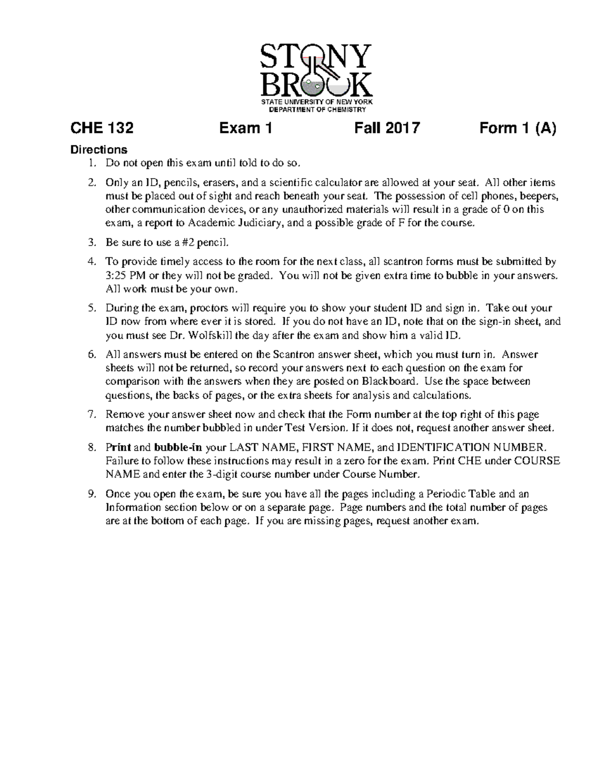 CHE132 Practice Exam 1 Fall 2017 - CHE 132 Exam 1 Fall 2017 Form 1 (A ...