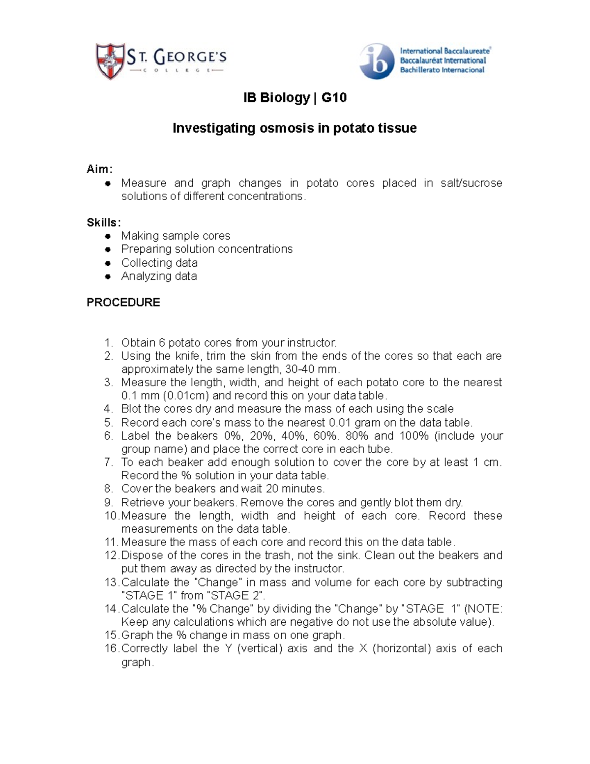 Osmosis LABORATORIO IB Biology G Investigating osmosis in potato