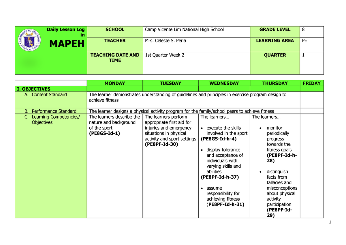 Q1 Grade 8 PE DLL Week 2 - Dll - MONDAY TUESDAY WEDNESDAY THURSDAY ...