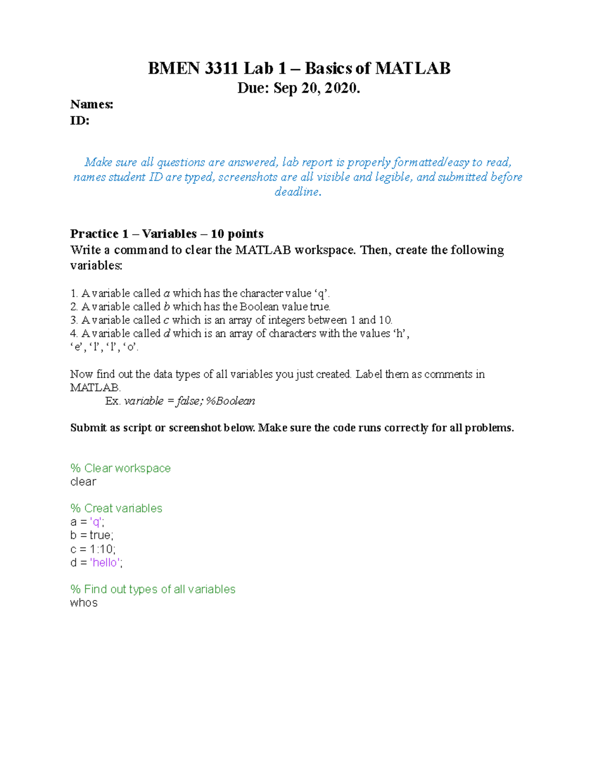 Bmen 3311 Lab 1 F2020 Answer Bmen 3311 Biomedical Signal Analysis Studocu