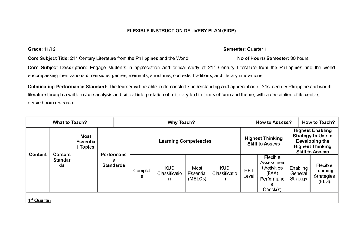 21ST Century - EASY - FLEXIBLE INSTRUCTION DELIVERY PLAN (FIDP) Grade ...