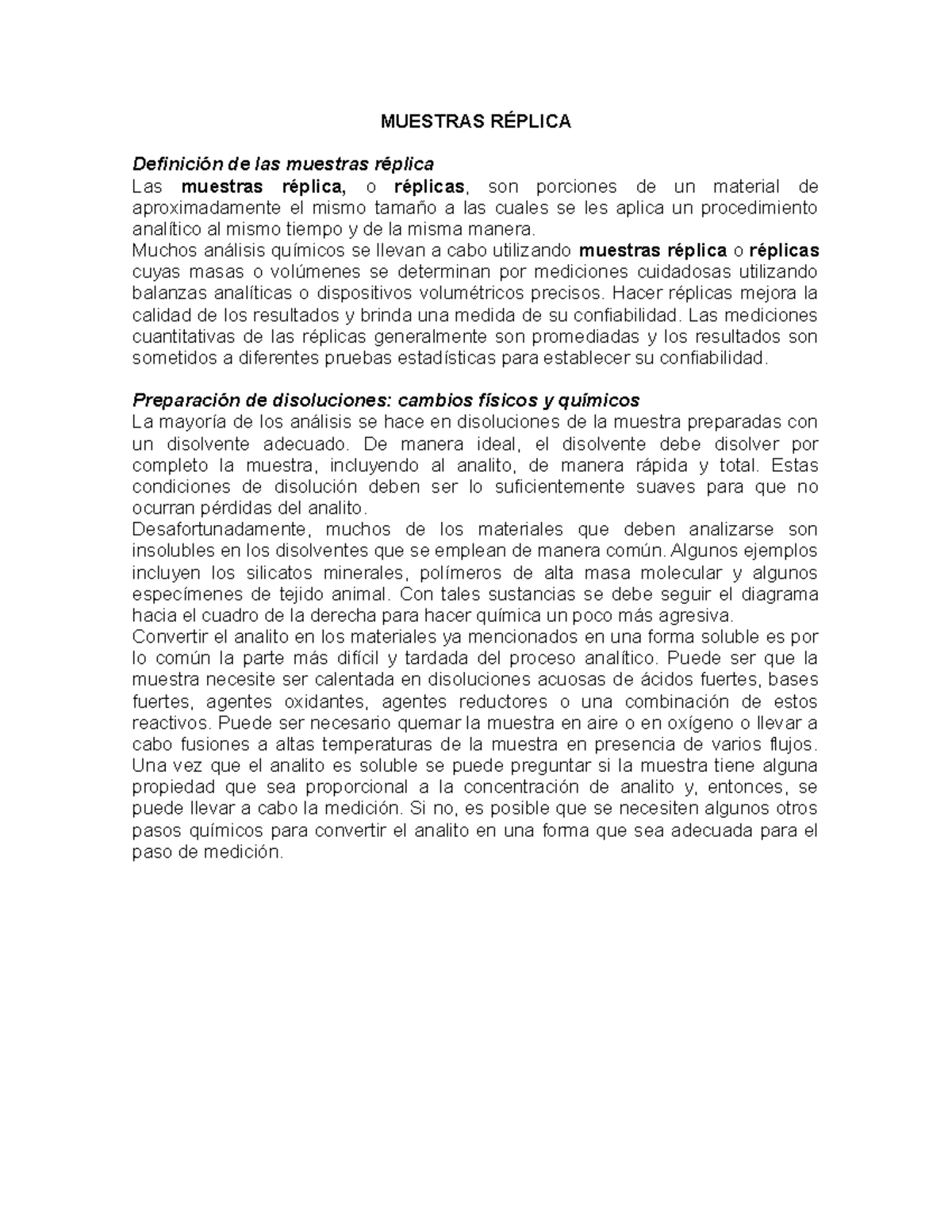 Muestras réplica y Preparación de disoluciones MUESTRAS RÉPLICA Definición de las muestras
