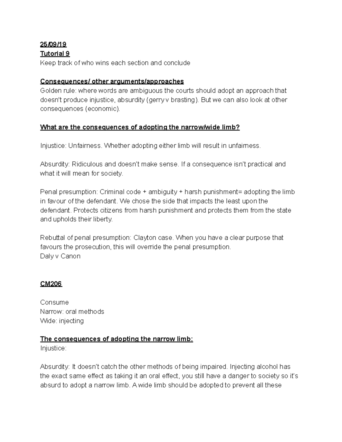 LAWS123-Tutorial 9 - consequences of adopting narrow or wide approach ...