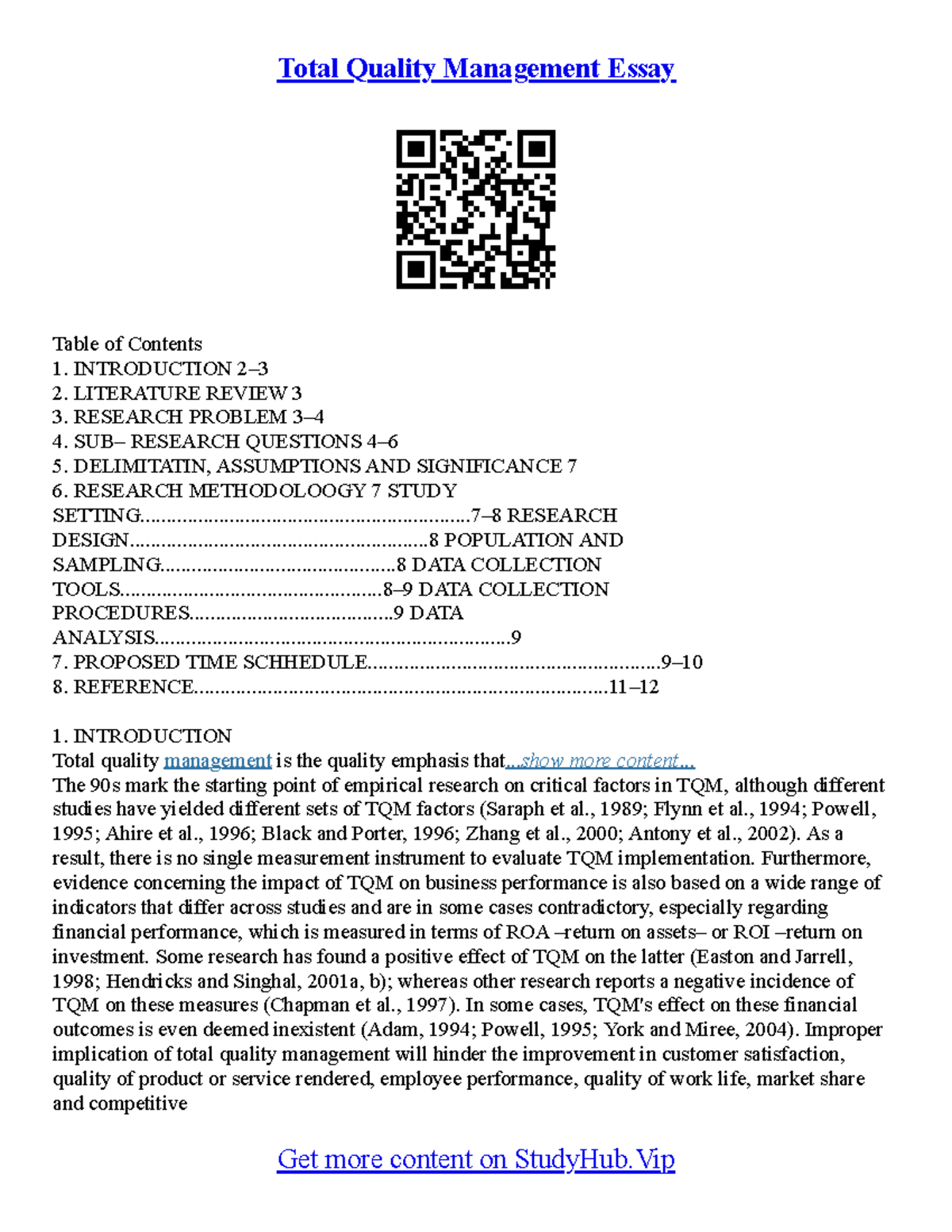 introduction to total quality management essay