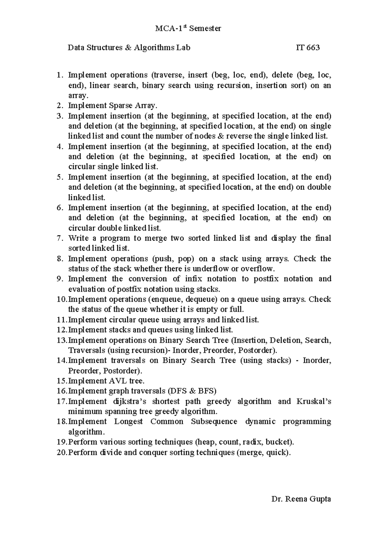 MCA DS IT 663 - mca practical list - MCA- 1 st Semester Data Structures ...