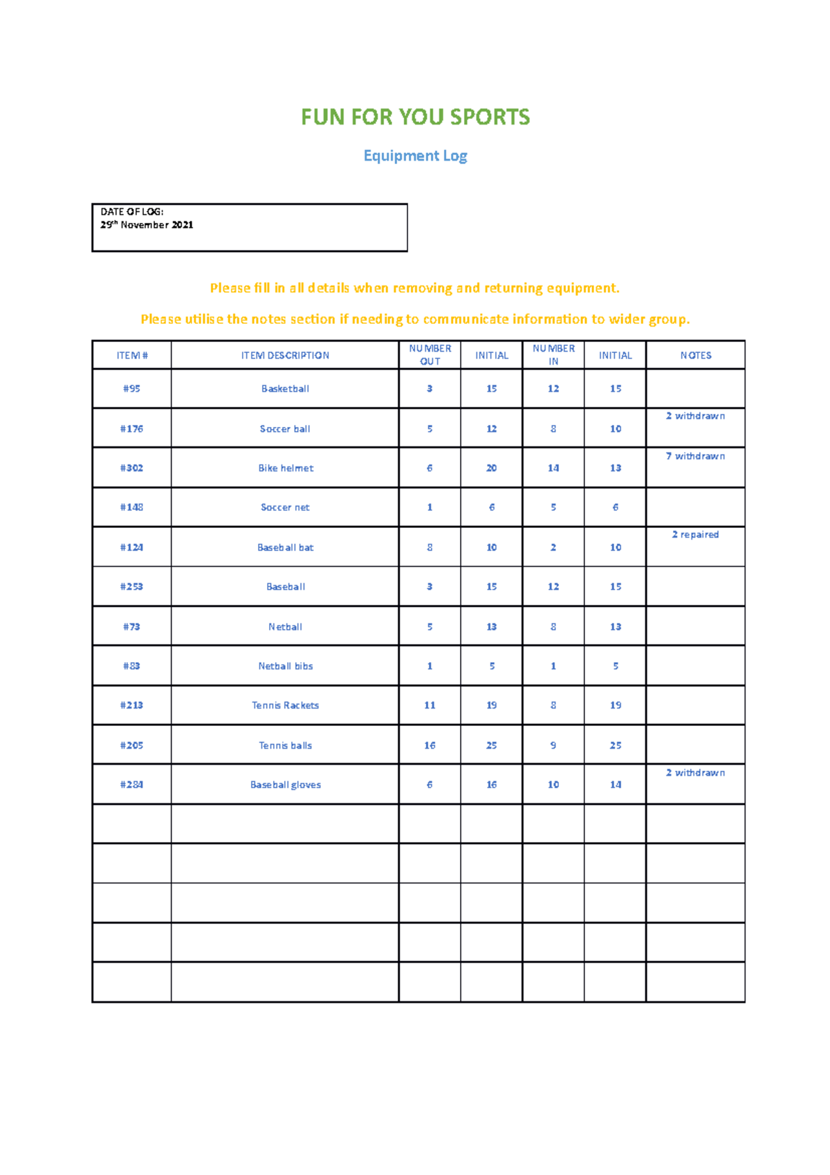 Equipment Log Template - FUN FOR YOU SPORTS Equipment Log DATE OF LOG ...