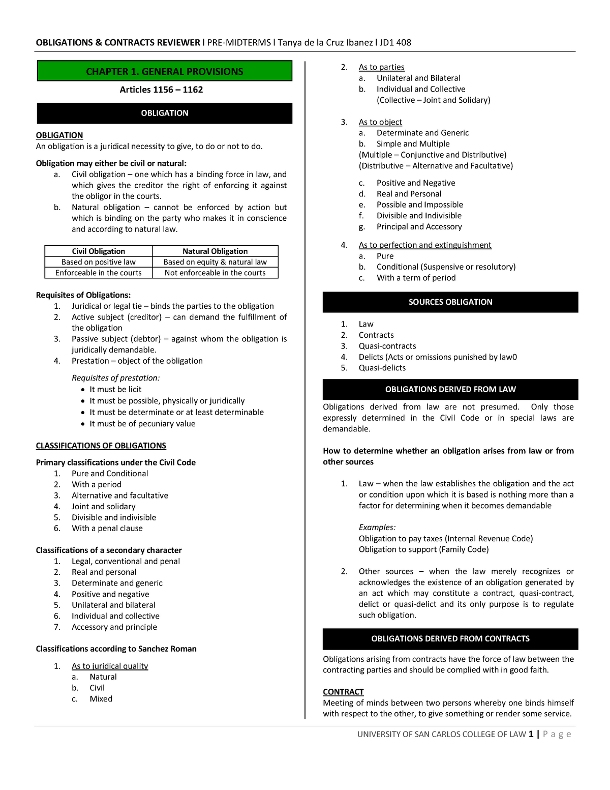 1. Oblicon Premid - Law Notes - Articles 1156 – 1162 OBLIGATION An ...