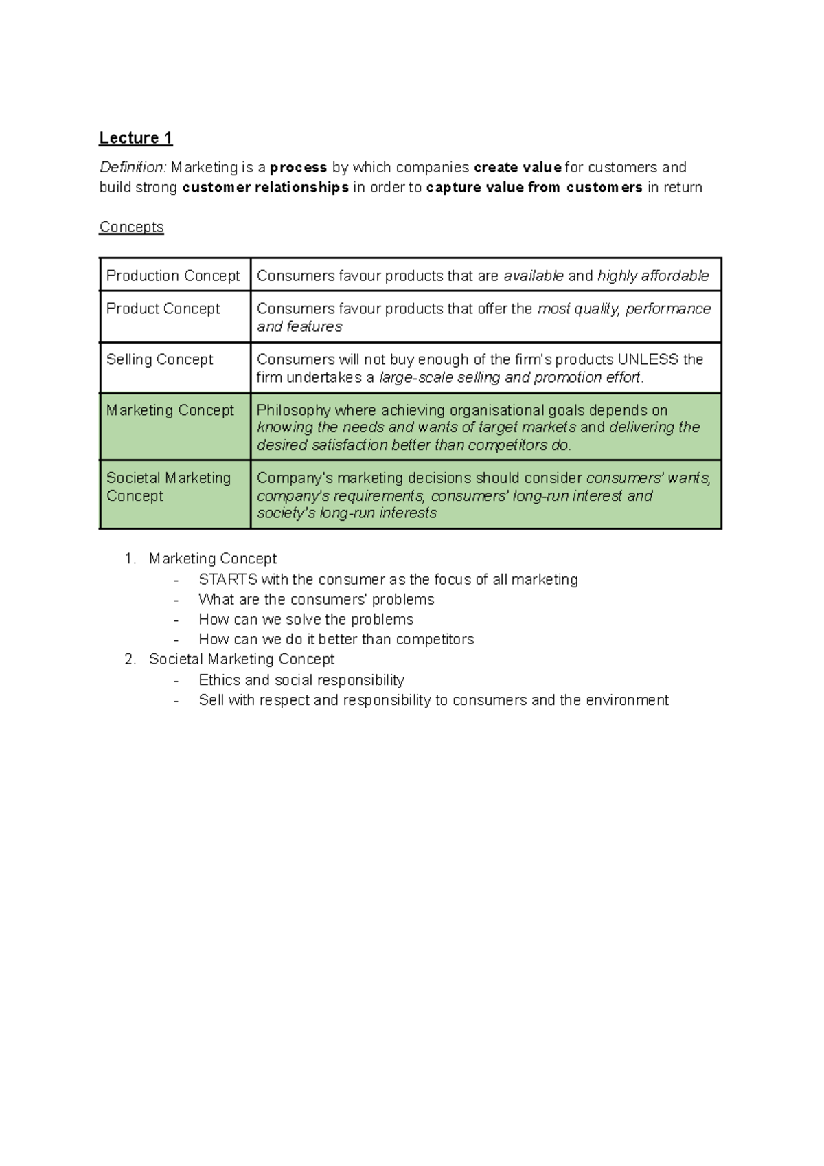 MKTG101 final notes - Lecture 1 Definition: Marketing is a process by ...