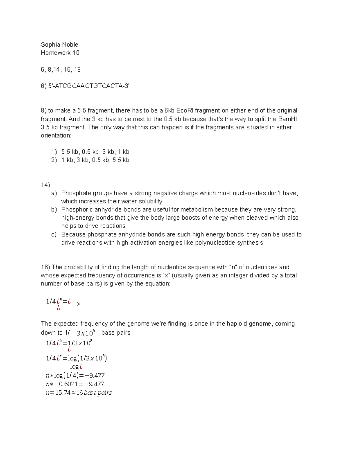 Biochemistry I Homework #10 - Sophia Noble Homework 10 6, 8,14, 16, 18 ...