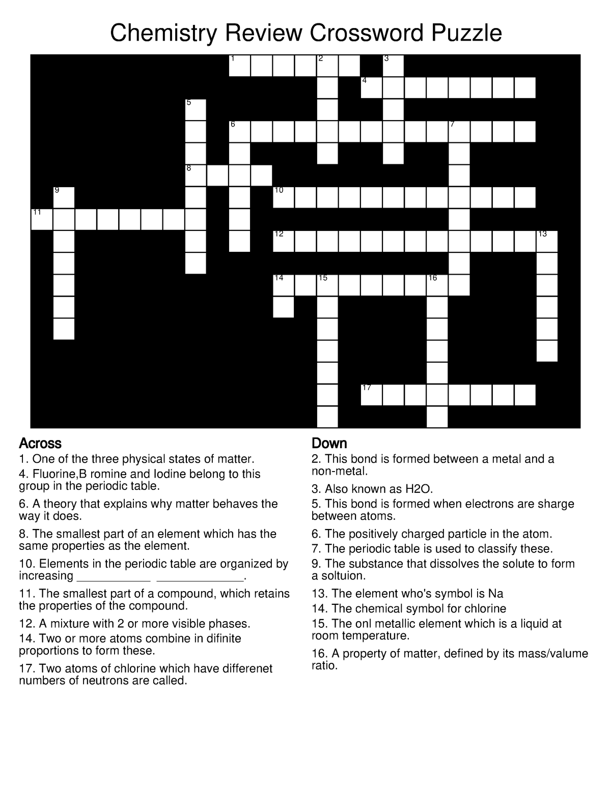 Chemistry Review Crossword Review page for final exam on June 22 be