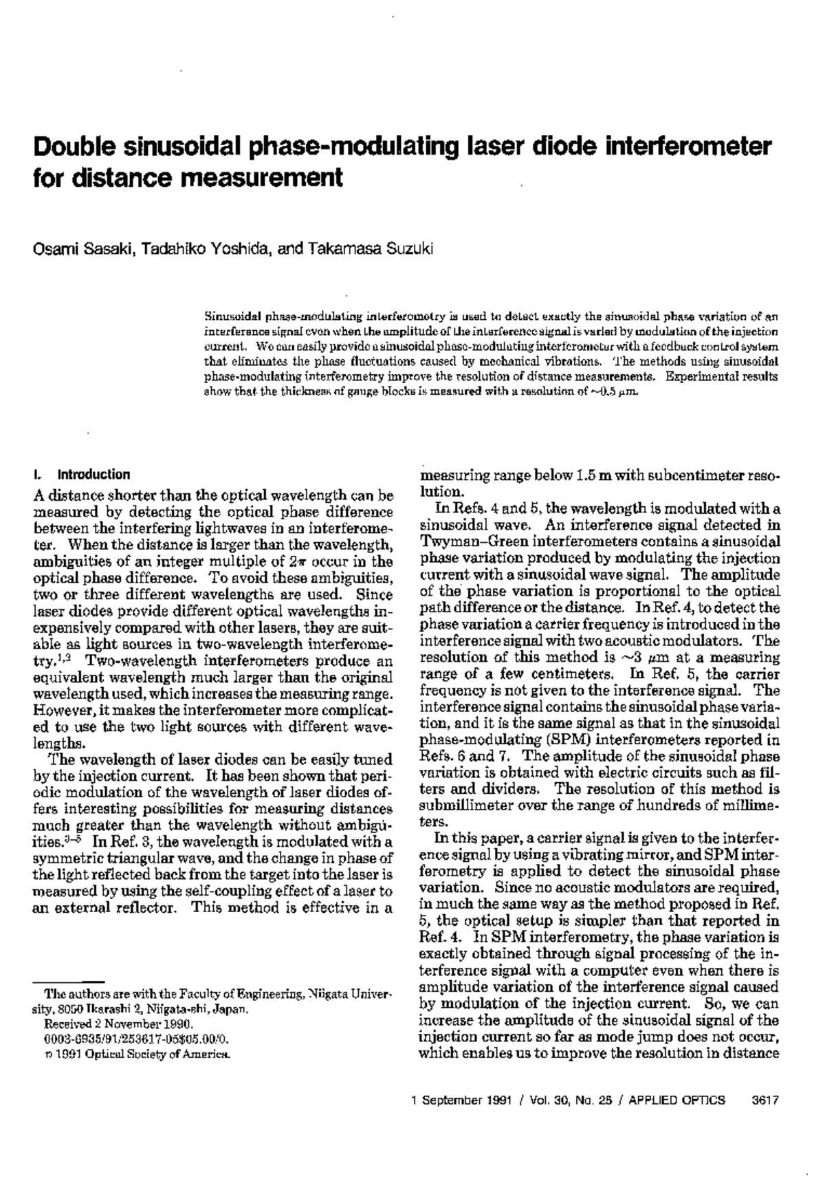 Double sinusoidal phase-modulating laser diode interferometer for ...