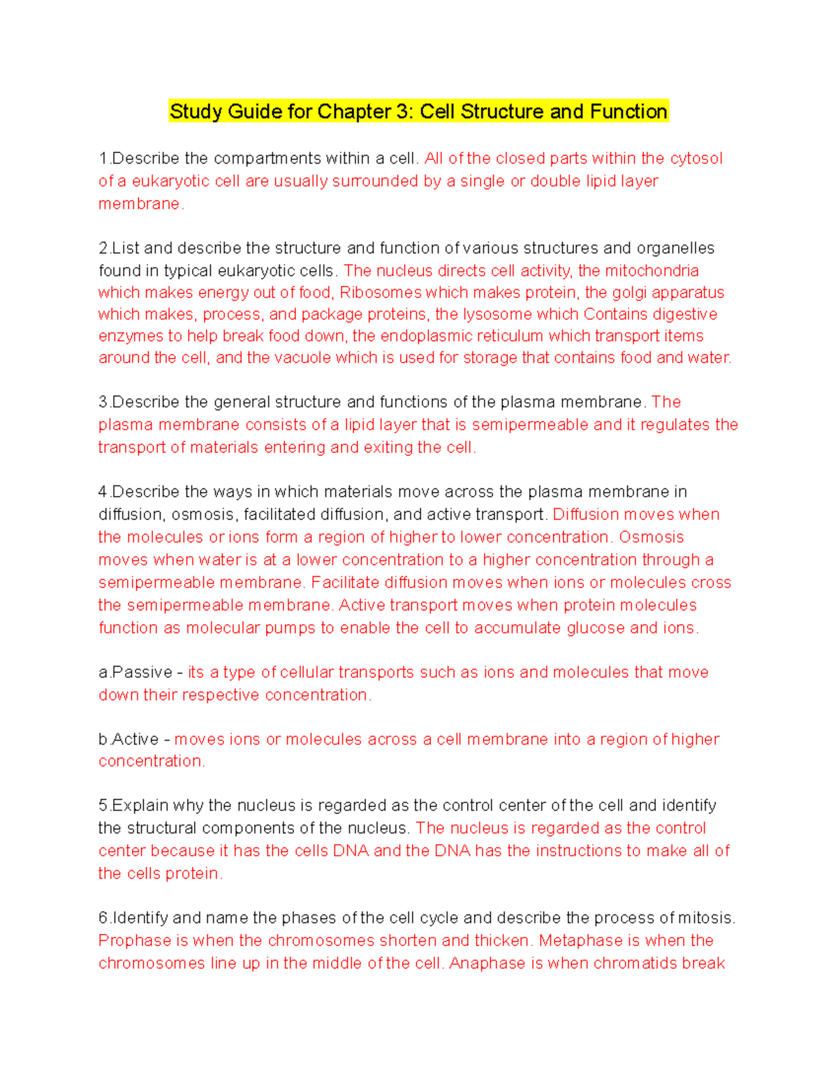 Study Guide for Chapter 3 Cell Structure and Function - All of the ...