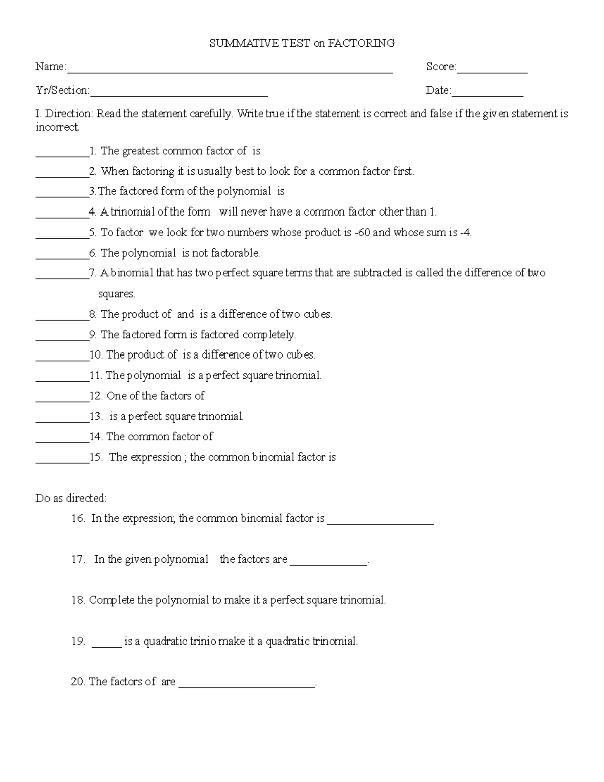 Math8 Q1 Summative Assessment Factoring - SUMMATIVE TEST on FACTORING ...