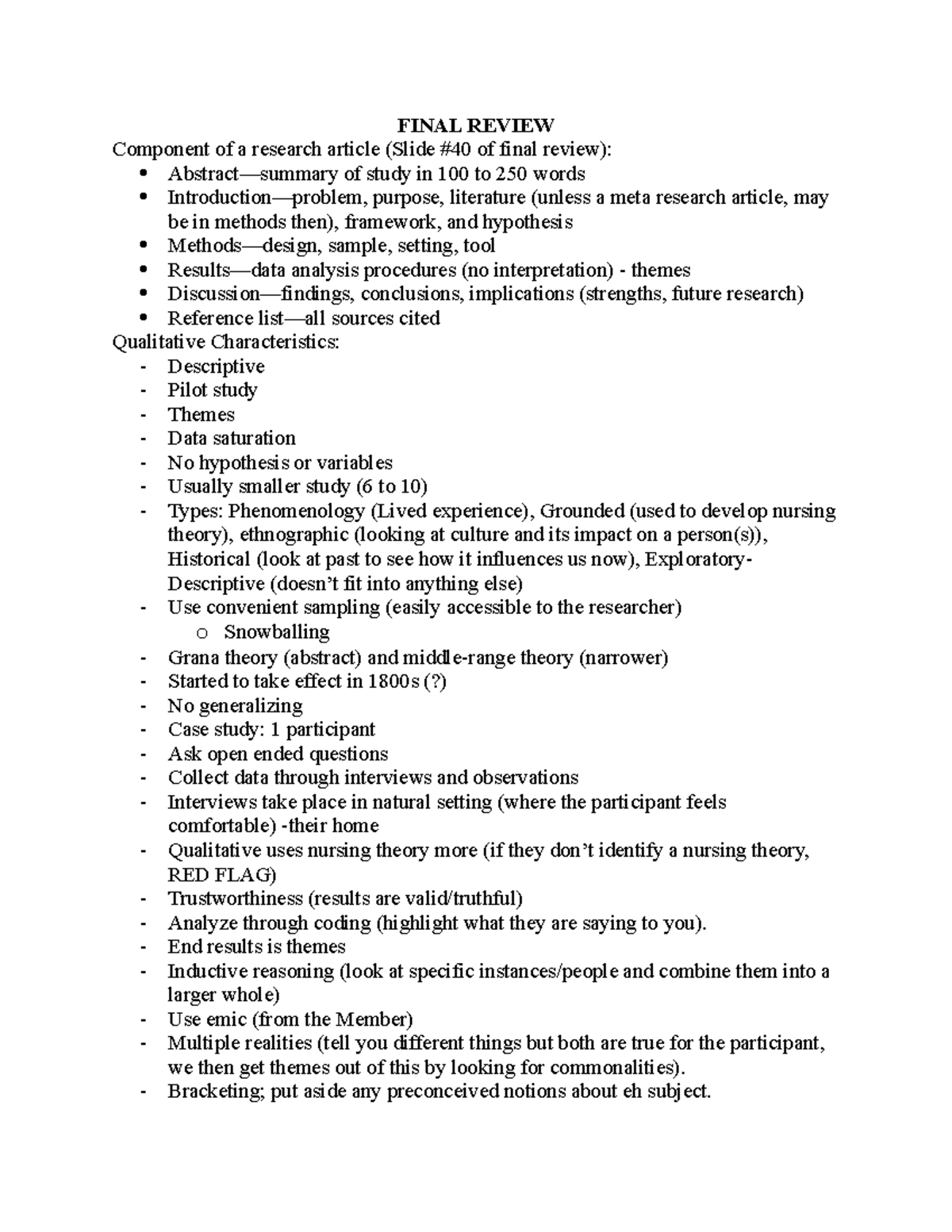 Final Review - FINAL REVIEW Component of a research article (Slide #40 ...