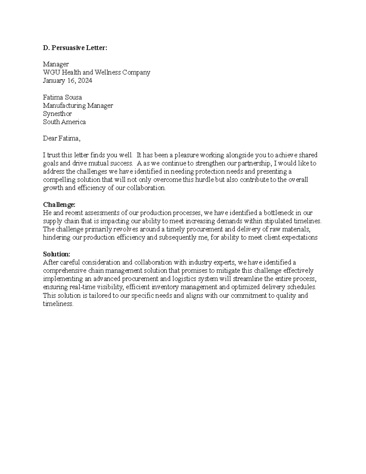 C204 Persuasive - Upload Studocu - D. Persuasive Letter: Manager WGU ...