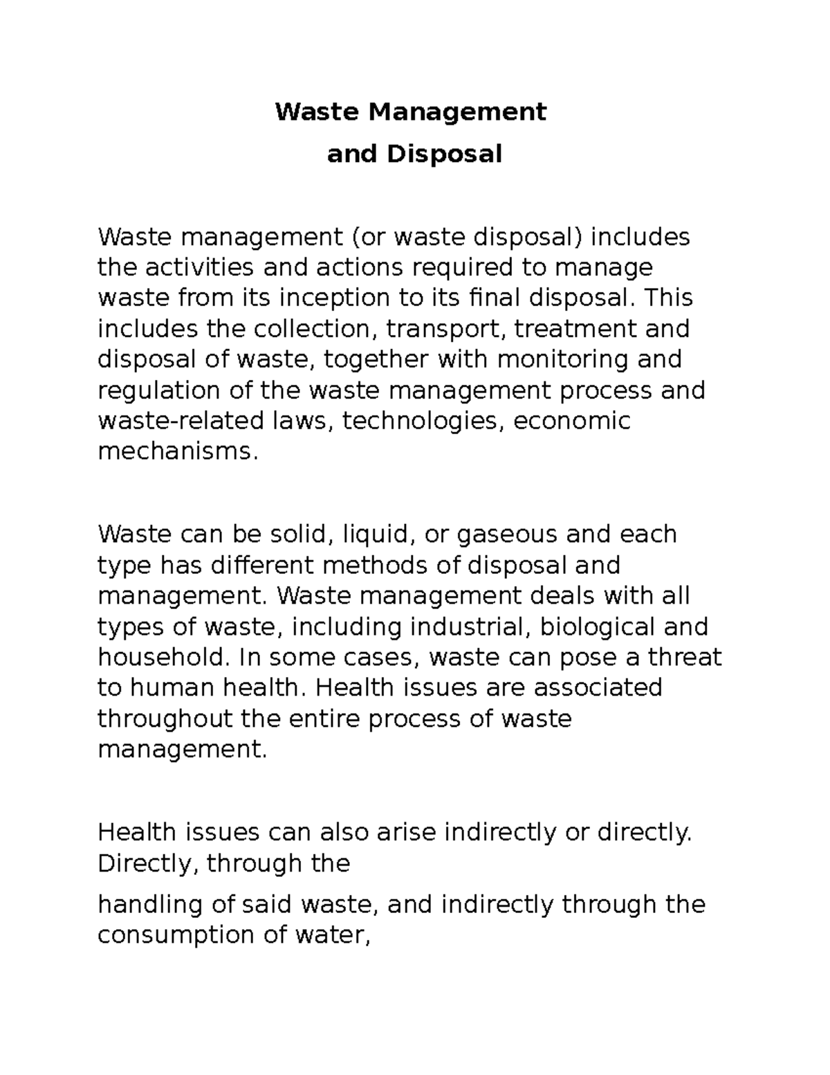 Waste management and disposal Waste Management and Disposal Waste