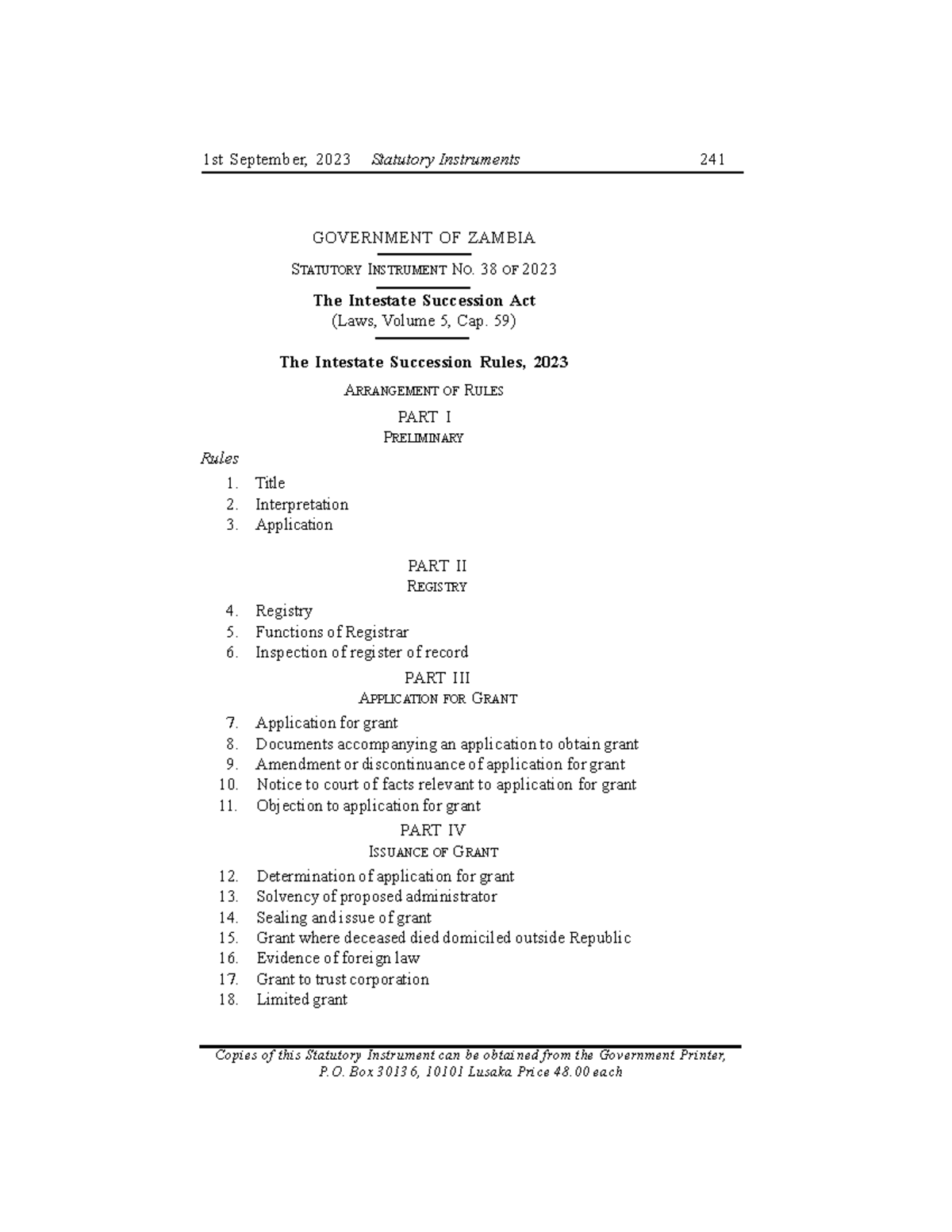 Intestate Succession Rules 2023 GOVERNMENT OF ZAMBIA STATUTORY