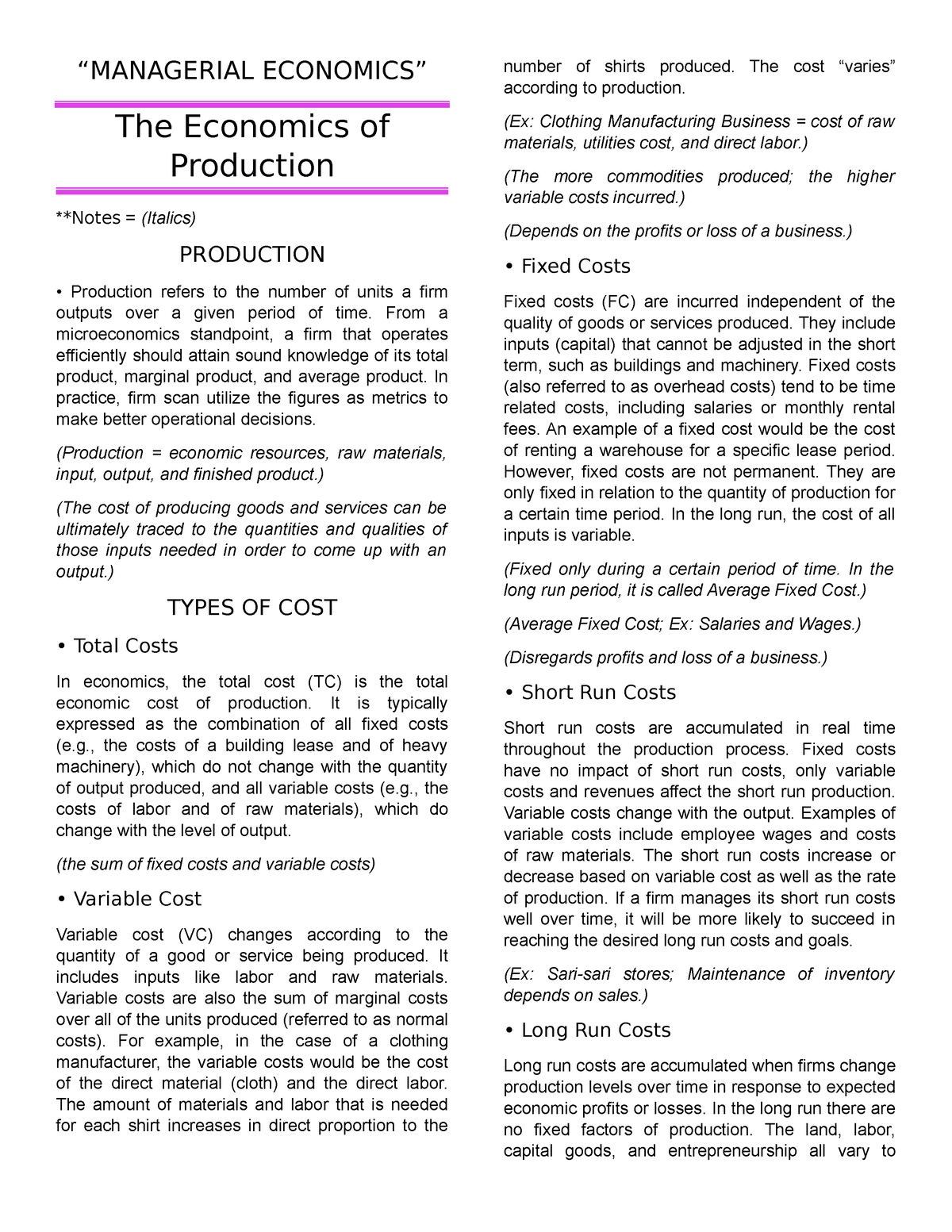 Managerial Economics - Lecture Notes - Midterms - 1st Semester ...