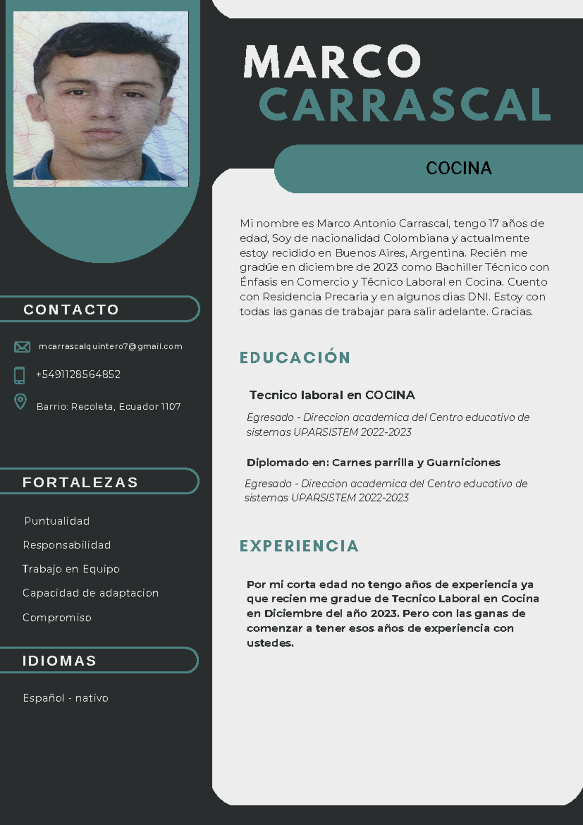 Curriculum Marco Carrascal - COCINA C O N T A C T O mcarrascalquintero7 ...