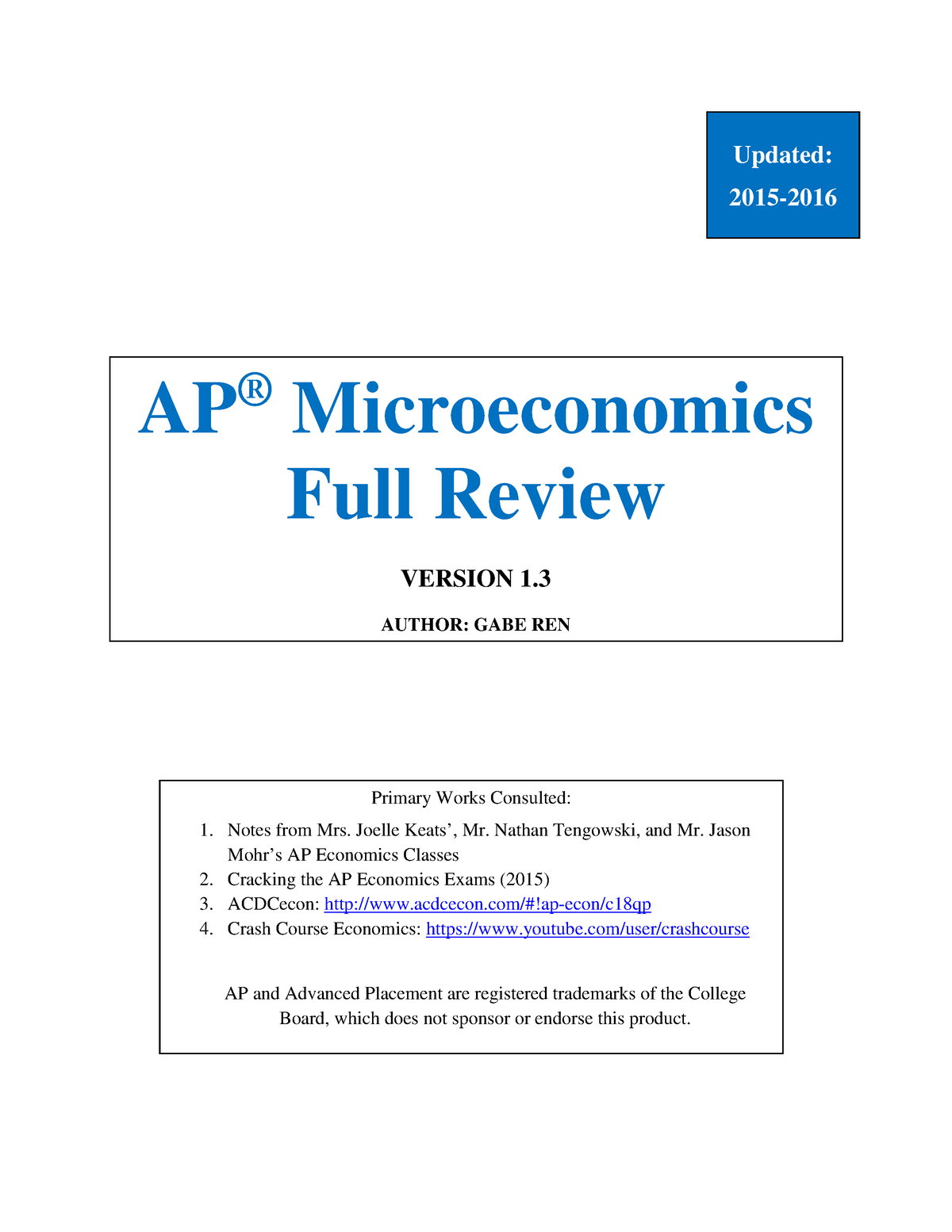 [AP Economics] Micro Full Review 1 - Primary Works Consulted: Notes ...