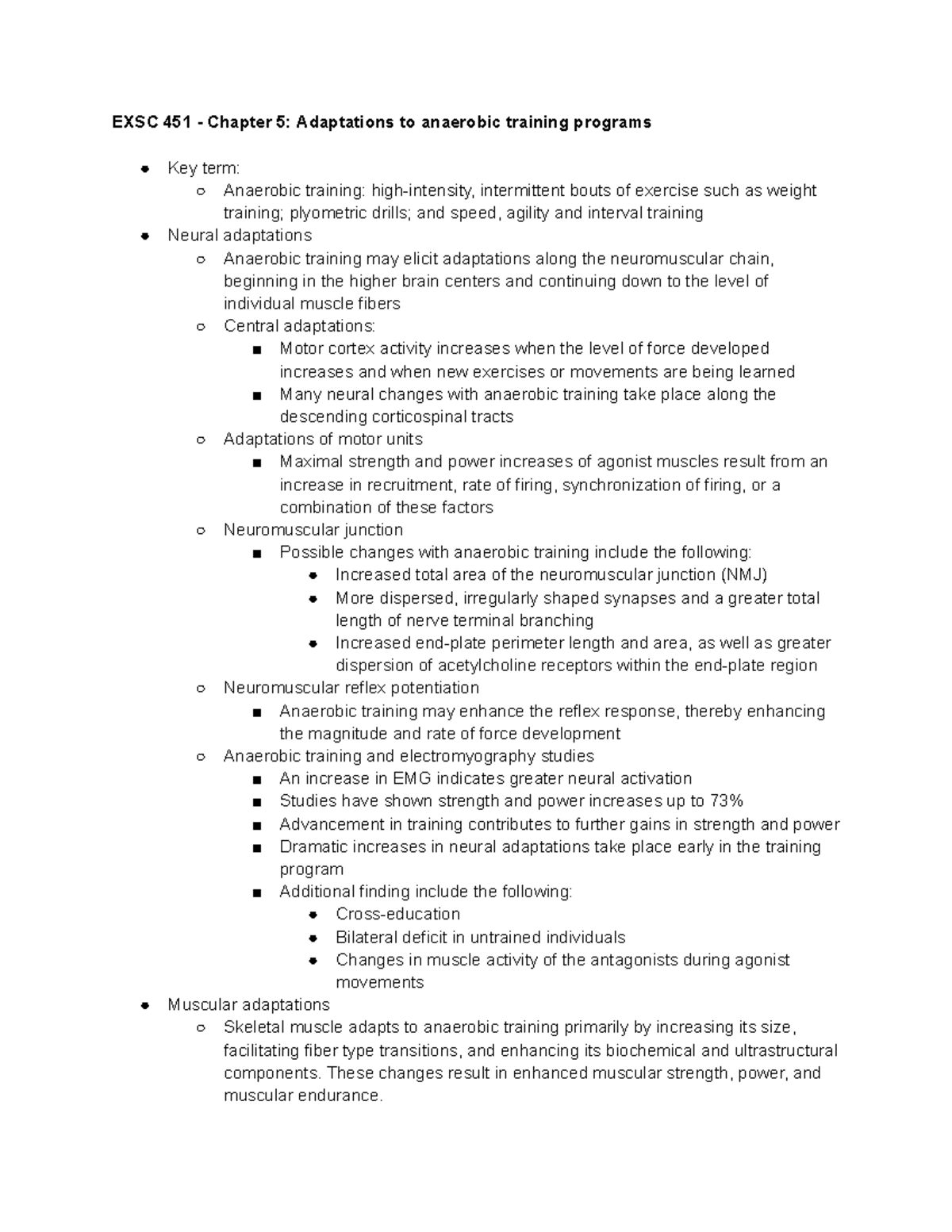 EXSC 451 Chp 5 - chapter 5 notes - EXSC 451 - Chapter 5: Adaptations to