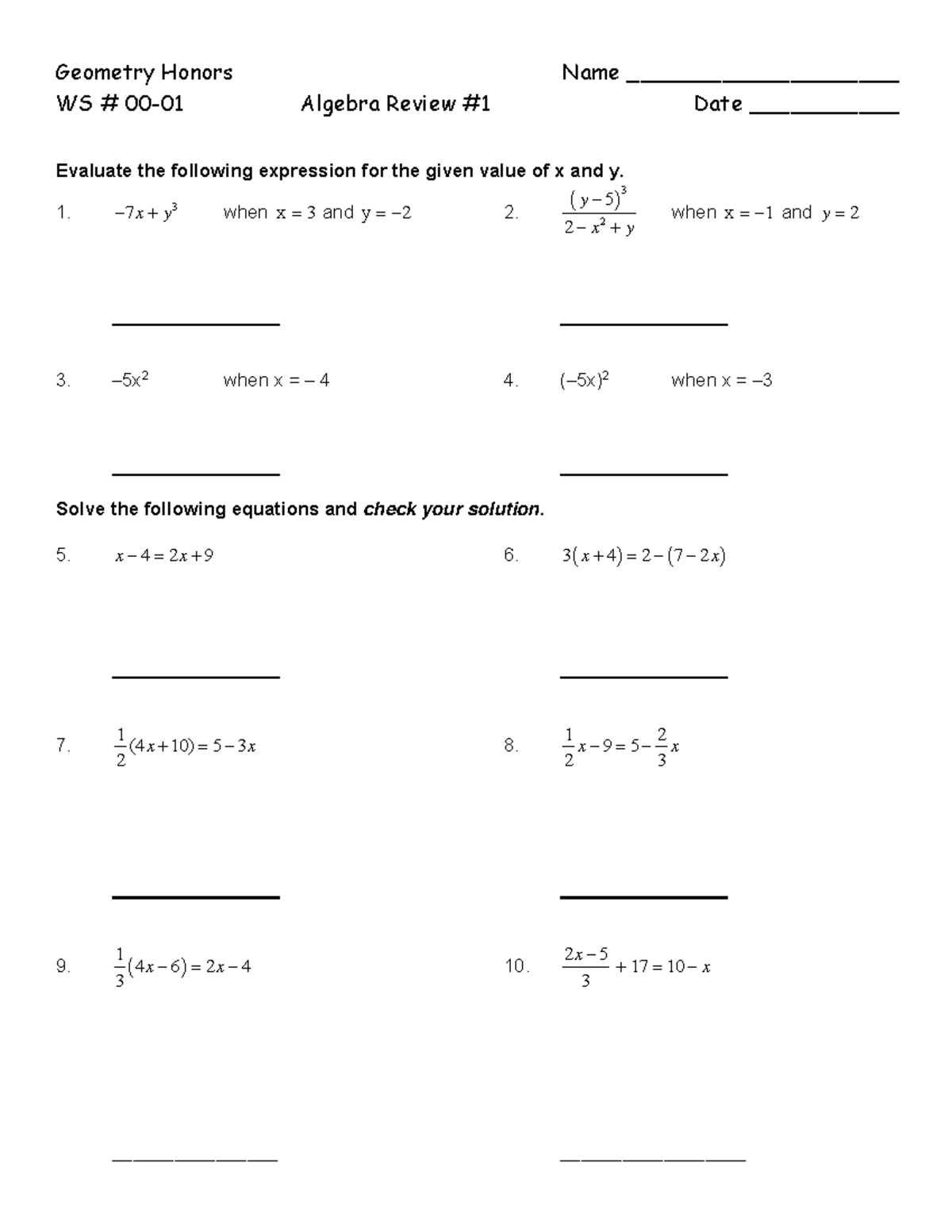 1B Algebra Review 1-HW - Nnmmmm - Geometry Honors Name ...