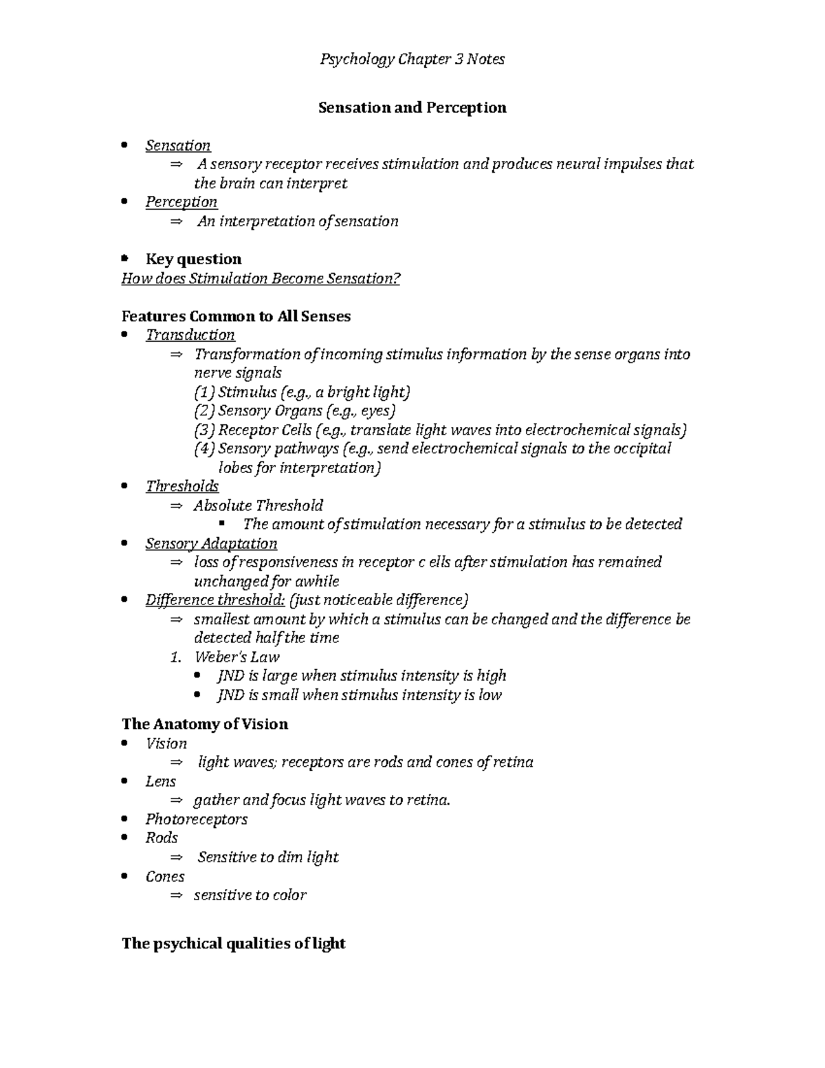 Chapter three notes - Psychology Chapter 3 Notes Sensation and ...