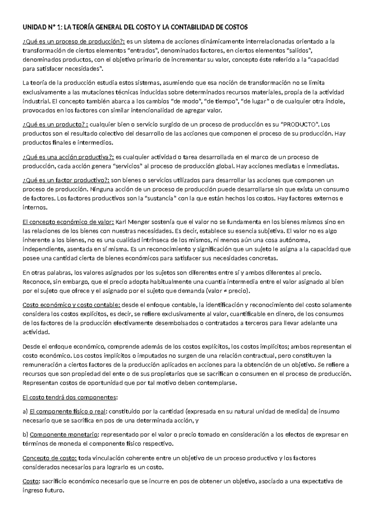 Resumen mas resumido - UNIDAD Nº 1: LA TEORÍA GENERAL DEL COSTO Y LA ...