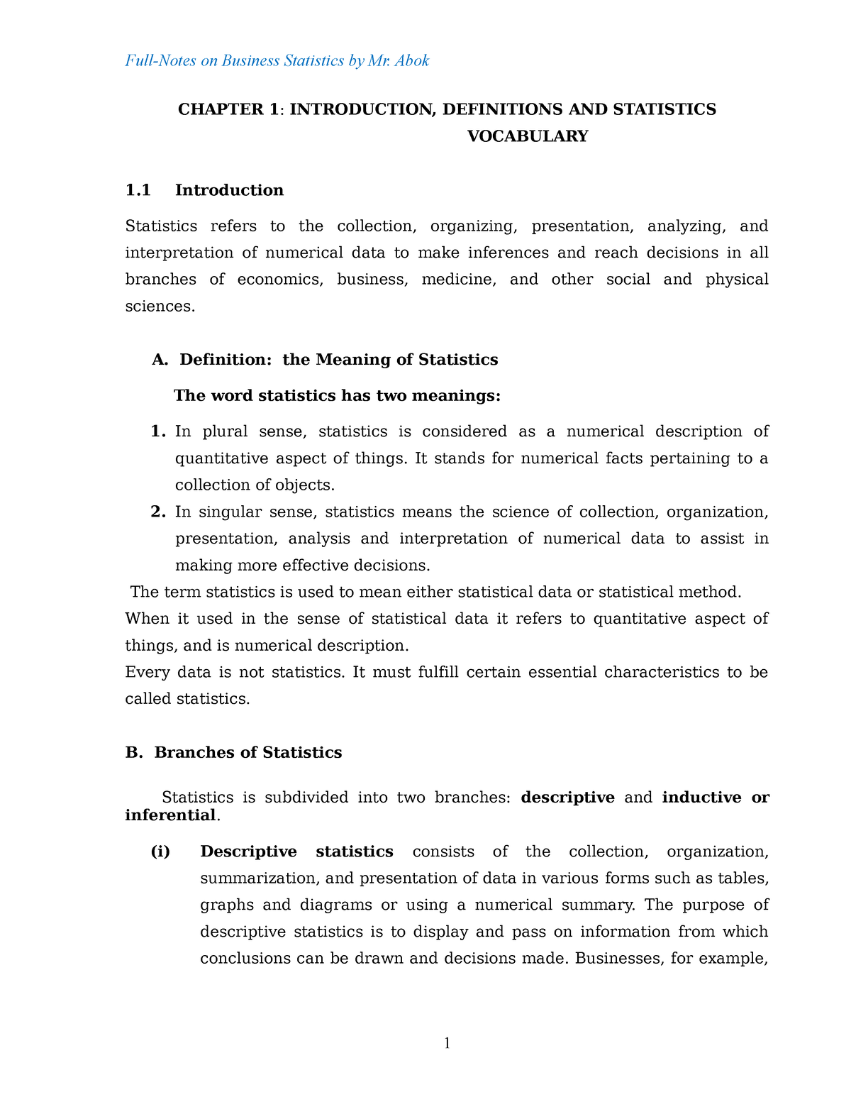 Business Statistics Full Unit Notes - CHAPTER 1: INTRODUCTION ...