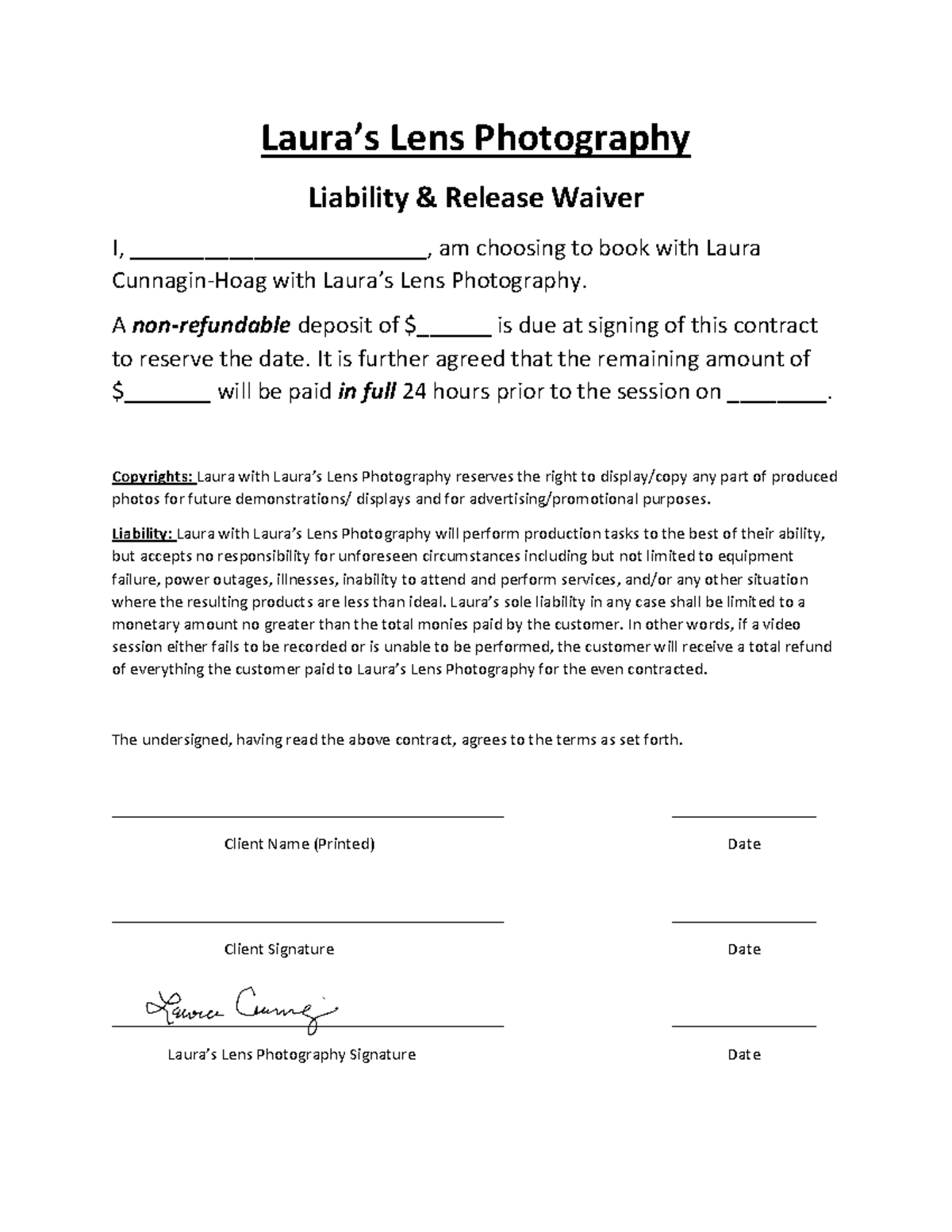Example of a Liability Waiver for a class Laura’s Lens Photography