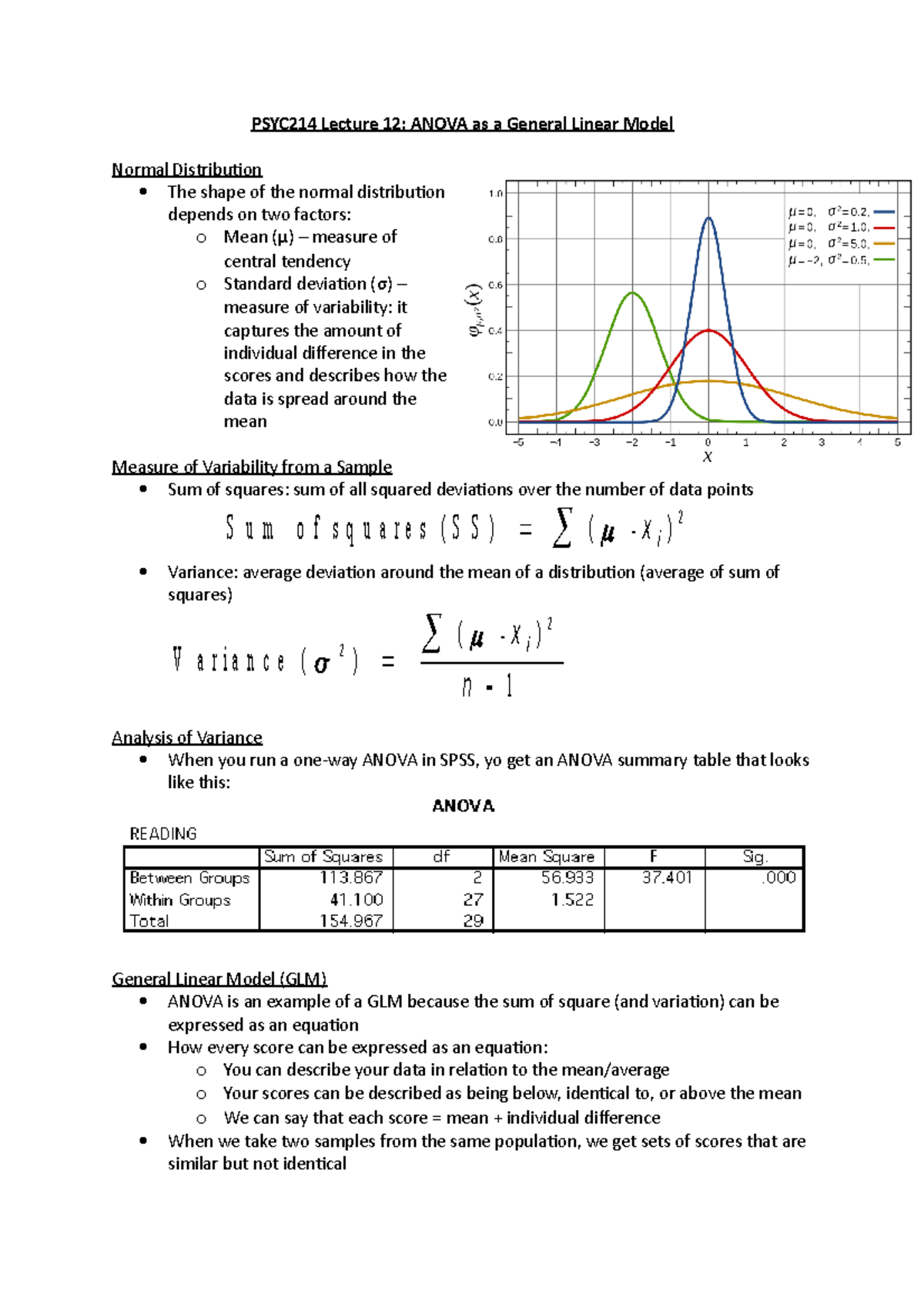 PSYC214 Lecture 12 (Notes) - PSYC214 Lecture 12: ANOVA as a General ...