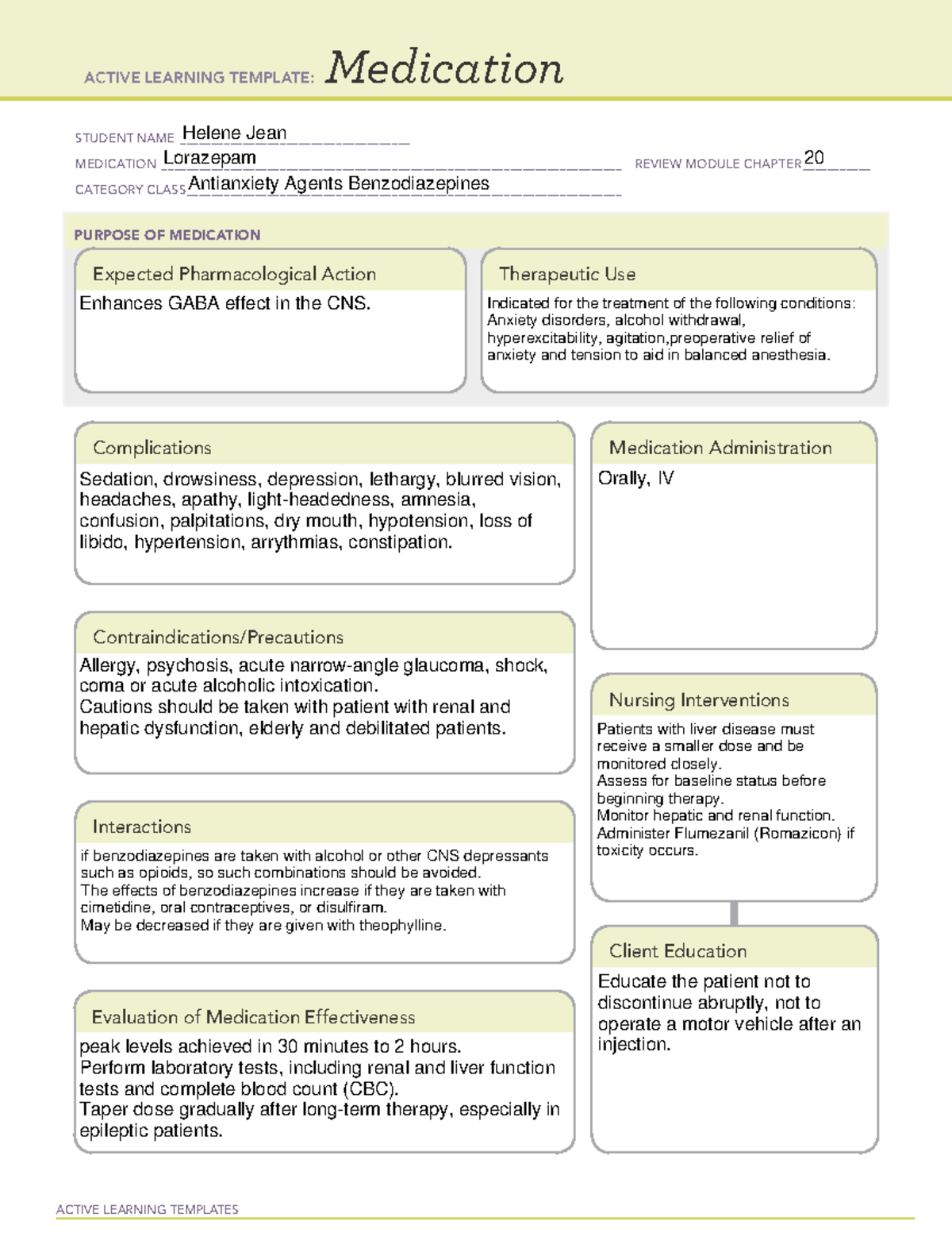 Lorazepam H medication Concept Map - ACTIVE LEARNING TEMPLATES ...