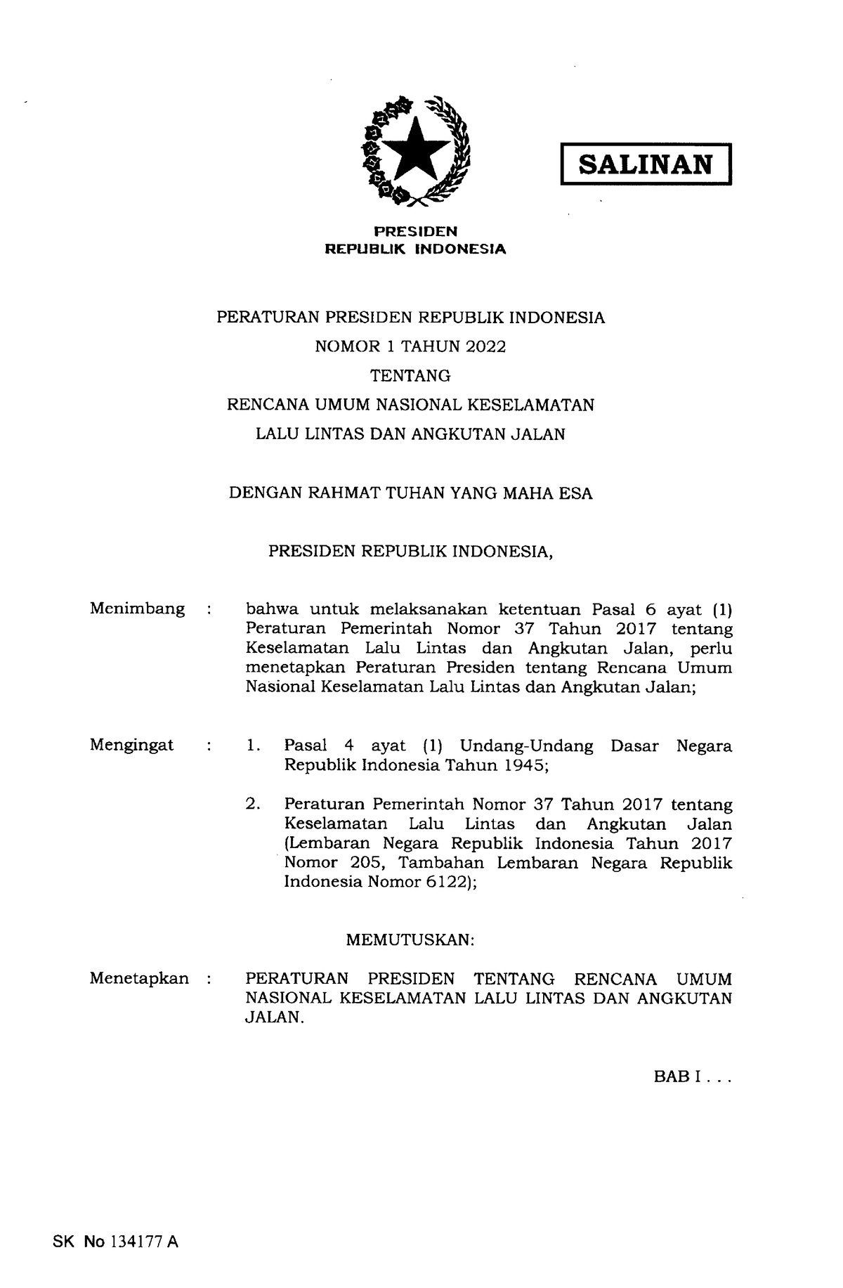 Perpres Nomor 1 Tahun 2022 - Menimbang Mengingat Menetapkan REPUBUK ...